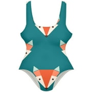 OWNSUMMER Cartoon Foxes Head Pattern Stylish One-Piece Swimsuit for Women, 80% Nylon 20% Spandex, XS-XXL Sizes Available