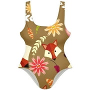 OWNSUMMER Fox Head Pattern Stylish One-Piece Swimsuit for Women, 80% Nylon 20% Spandex, XS-XXL Sizes Available