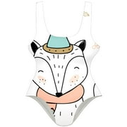 OWNSUMMER Fox Wearing Hat-01 Pattern Stylish One-Piece Swimsuit for Women, 80% Nylon 20% Spandex, XS-XXL Sizes Available