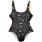 OWNSUMMER Happy New Year on Blackboard Pattern Stylish One-Piece Swimsuit for Women, 80% Nylon 20% Spandex, XS-XXL Sizes Available