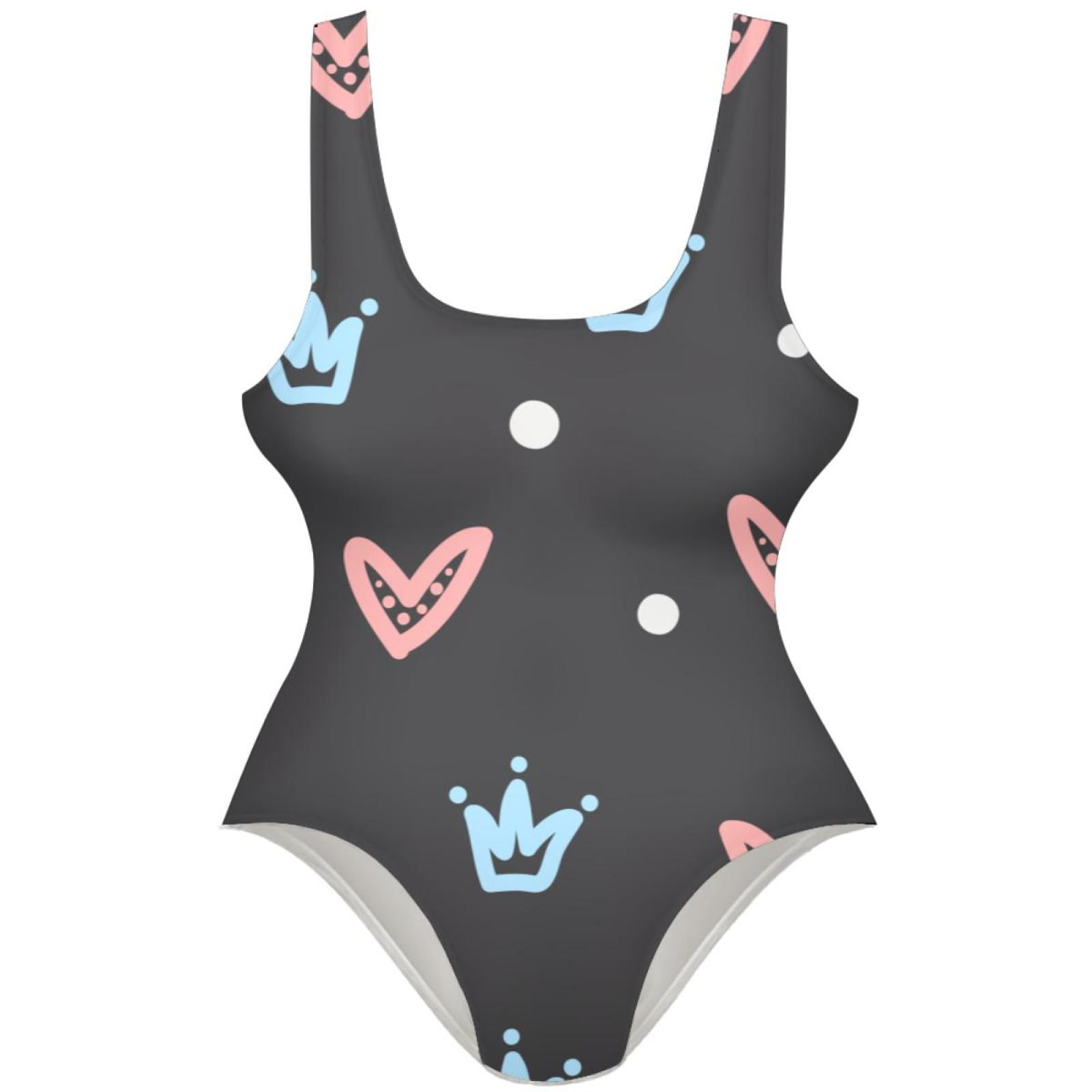 OWNSUMMER Princess Crown Grey Heart Pattern Stylish One-Piece Swimsuit ...