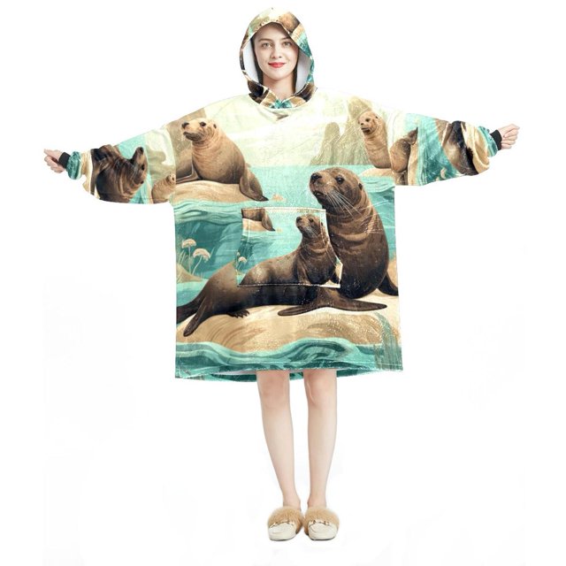 OWNSUMMER Sea Lion Pattern Cozy Microfiber Polyester Wearable Blanket