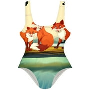OWNSUMMER Three Foxes over the River Pattern Stylish One-Piece Swimsuit for Women, 80% Nylon 20% Spandex, XS-XXL Sizes Available