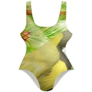 OWNSUMMER a Beautiful Bird on Pine Tree Pattern Stylish One-Piece Swimsuit for Women, 80% Nylon 20% Spandex, XS-XXL Sizes Available