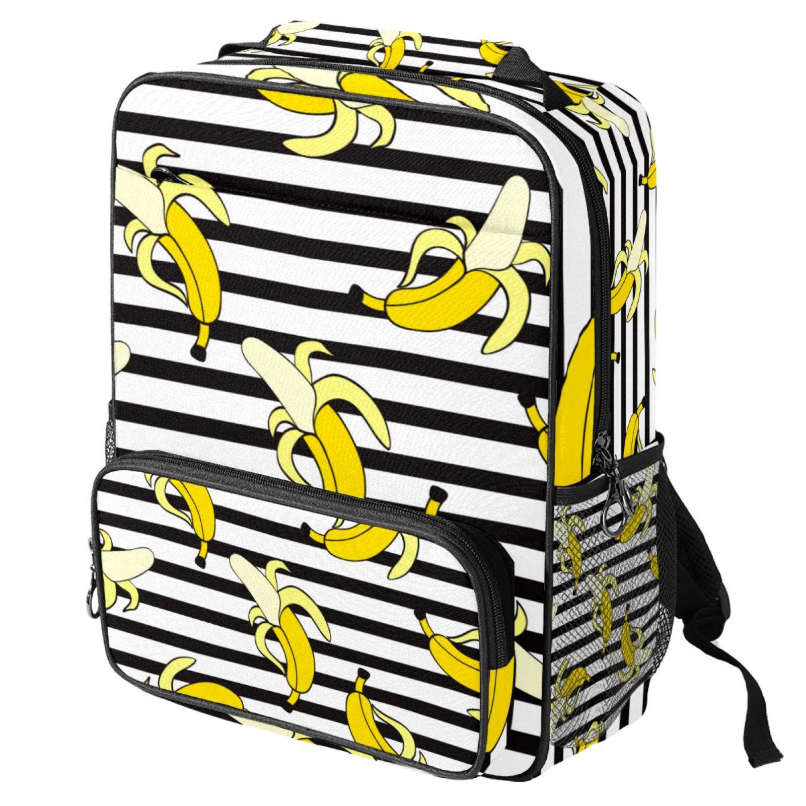 OWNTA Bananas on Black White Striped Background Pattern Travel School