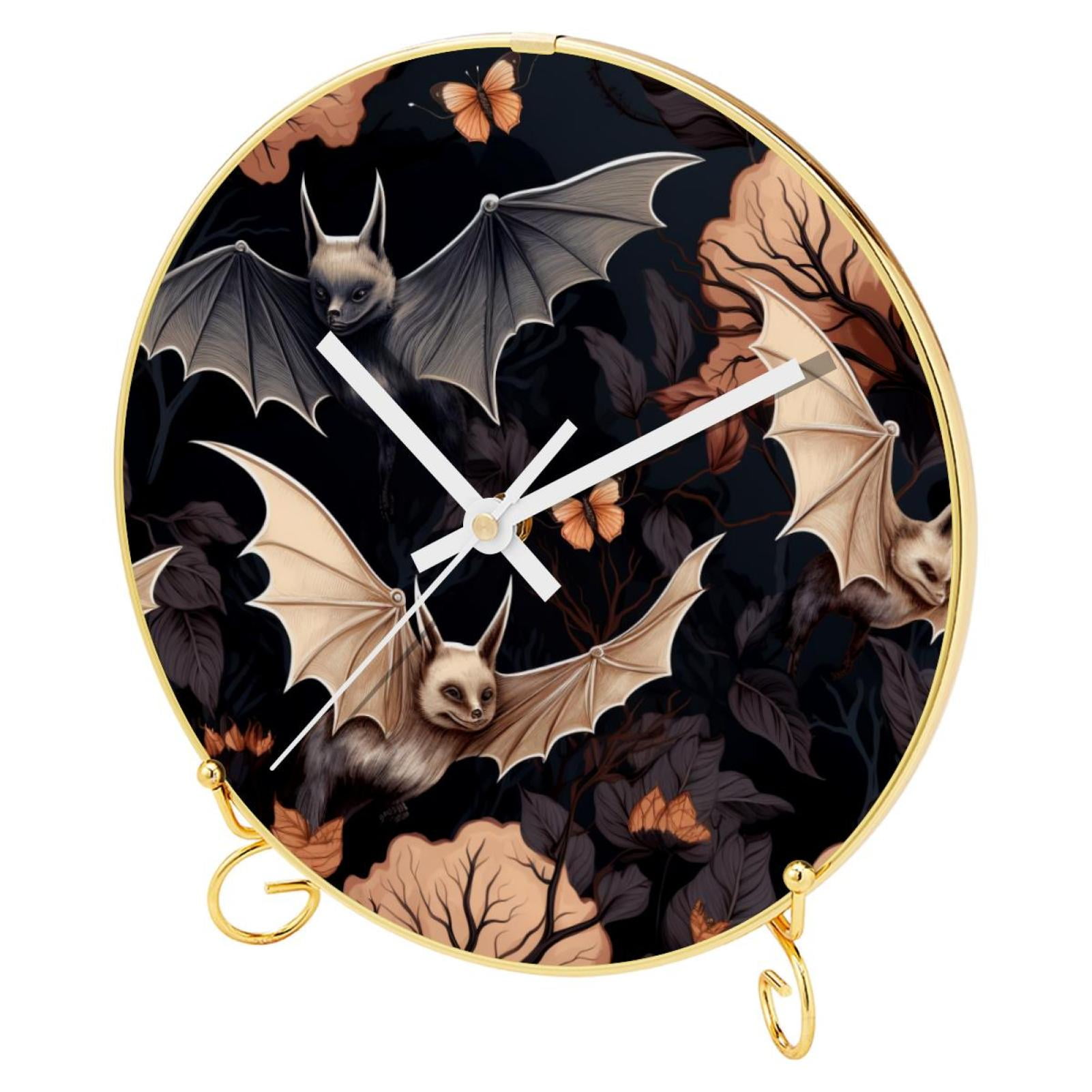 OWNTA Bat Pattern Round Printed Wall Clocks with Hooks and Gold Stand ...