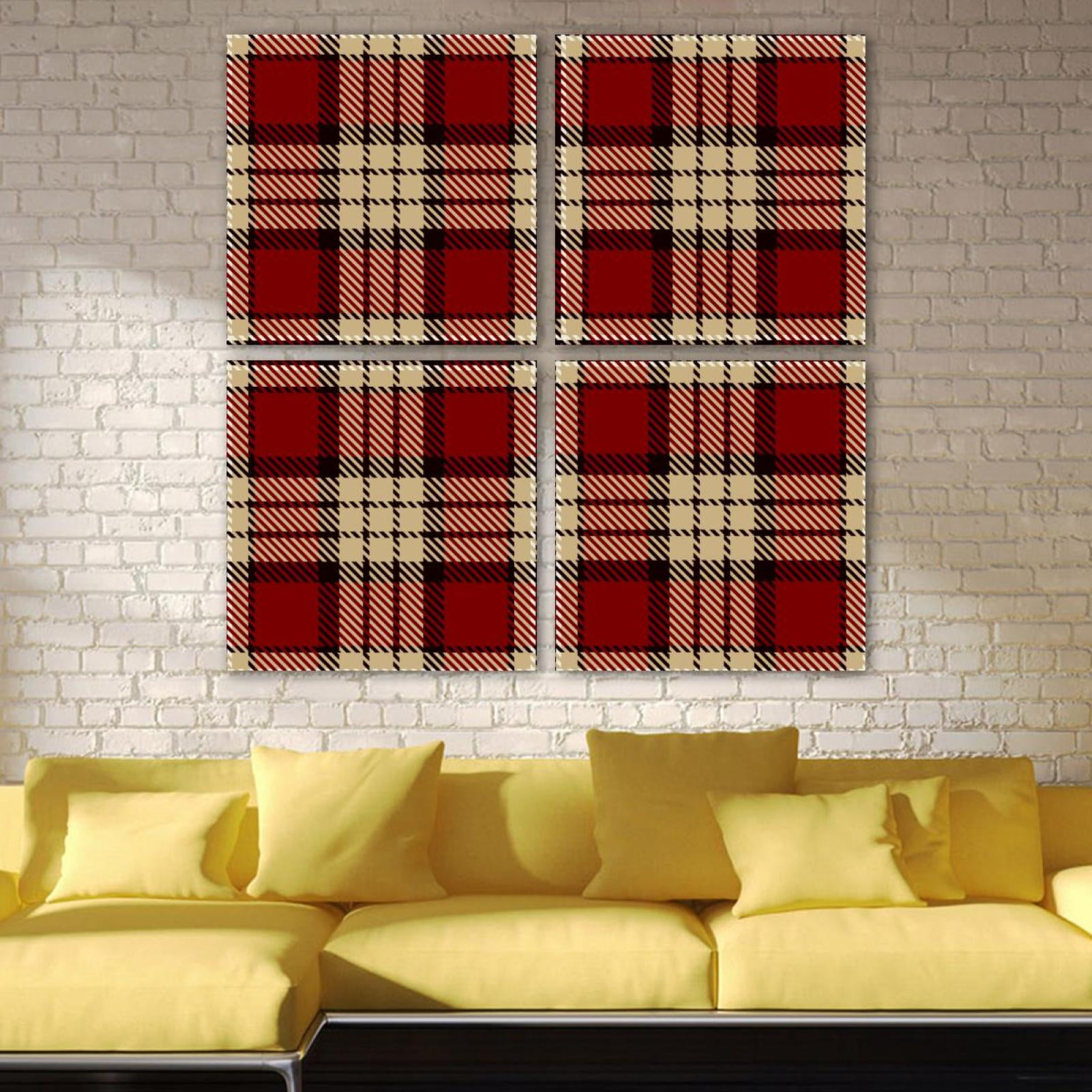 OWNTA Beige & Red Scottish Plaid Pattern 4PC Frameless Canvas Wall Art ...