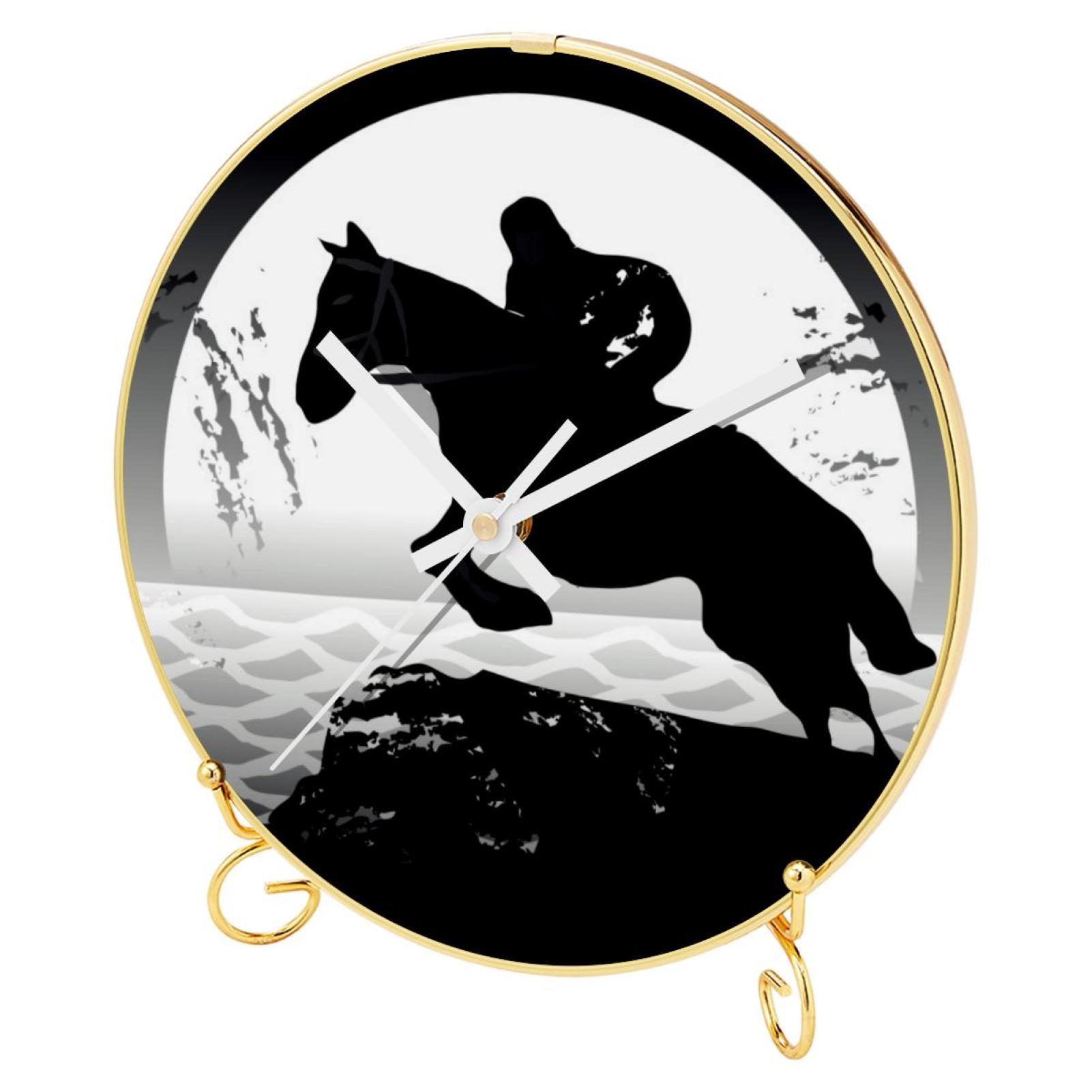 OWNTA Black White Horse and Rider Night Moon Pattern Round Printed Wall Clocks with Hooks and