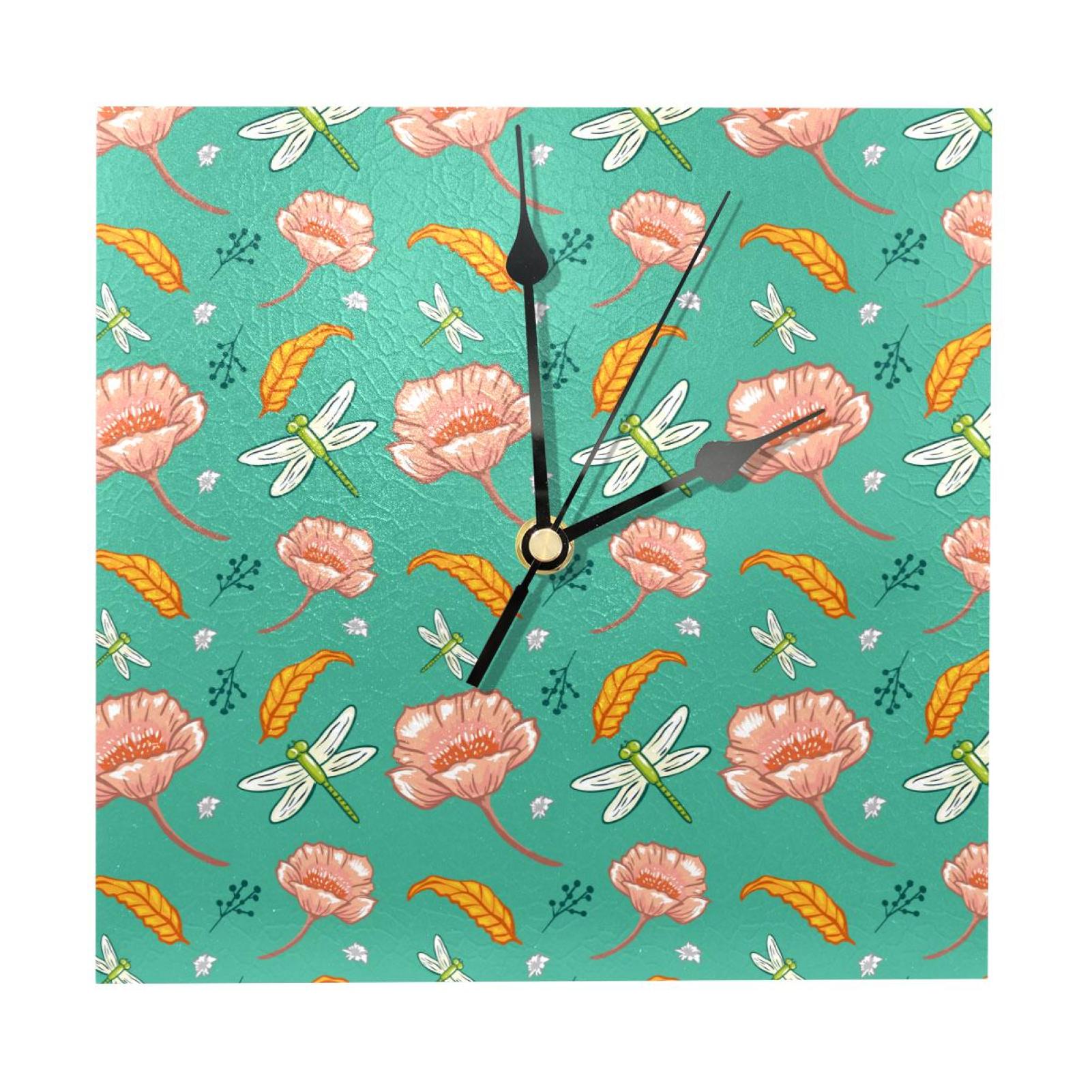 OWNTA Botanical Flowers Leaves Dragonfly Pattern Wood Square Wall Clock