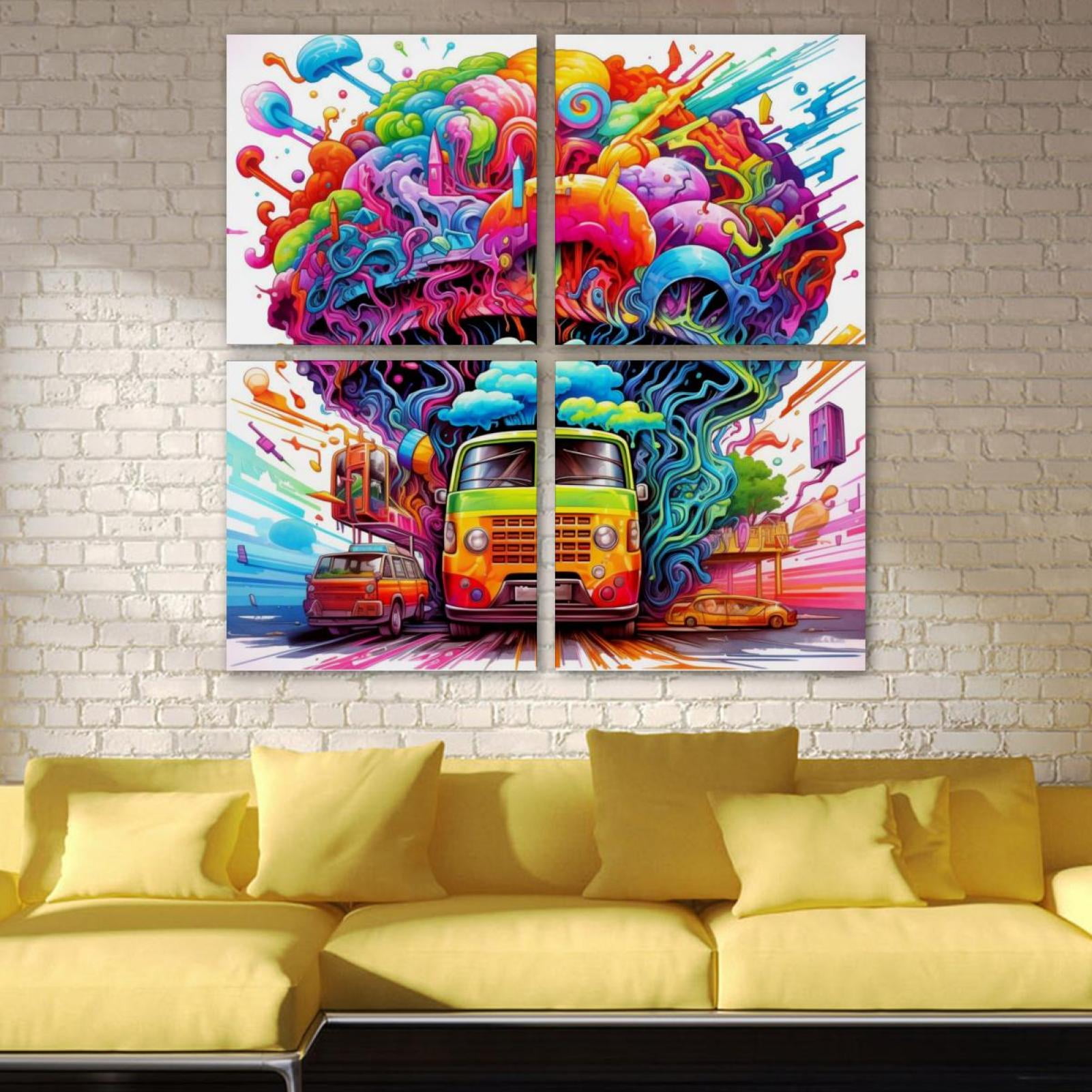 OWNTA Brain and Car Pattern 4PC Frameless Canvas Wall Art Paintings for Living Room Canvas Print