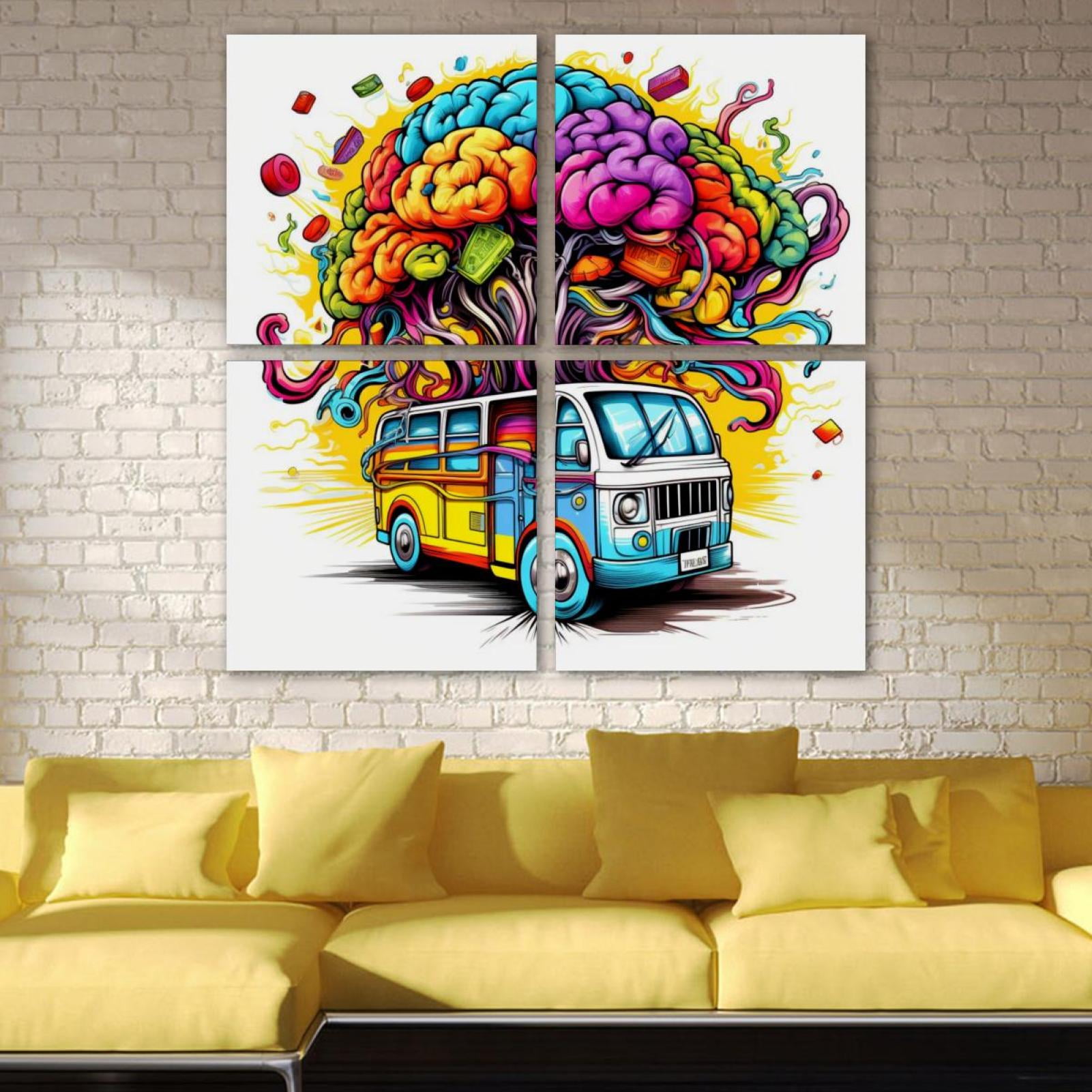 OWNTA Brain and Car Pattern 4PC Frameless Canvas Wall Art Paintings for Living Room Canvas Print