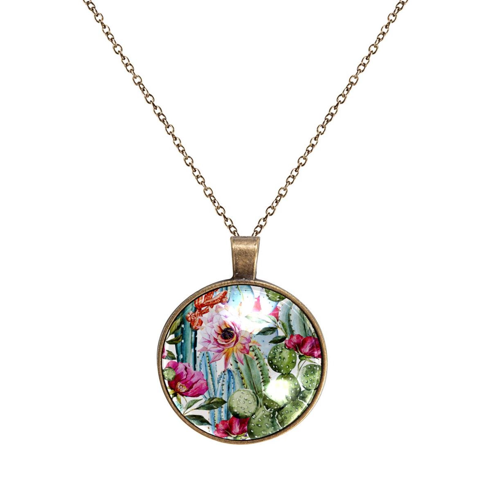 OWNTA Cacti Blossom Pattern Glass Circular Pendant Necklace