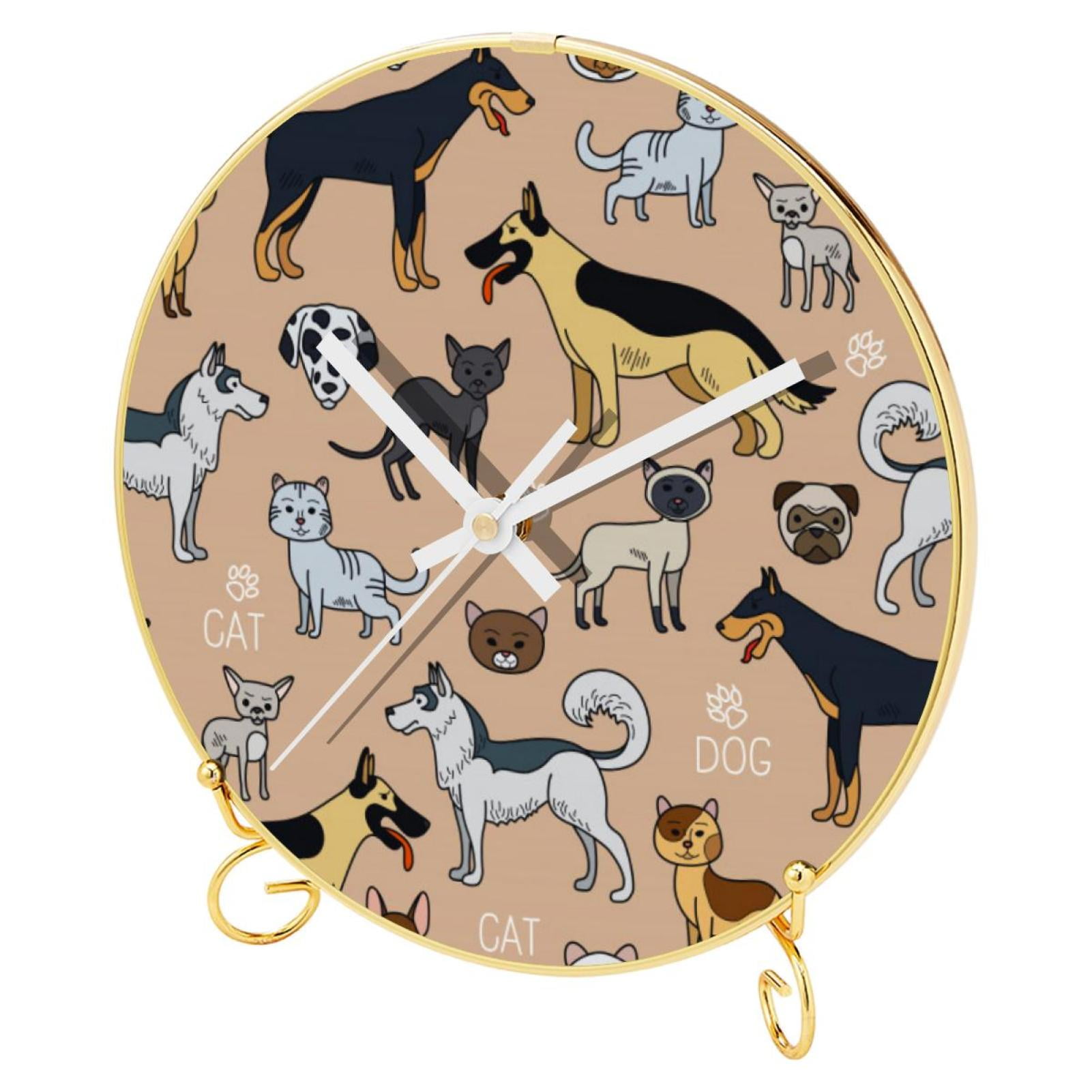 OWNTA Cats Dogs Pattern Round Printed Wall Clocks with Hooks and Gold