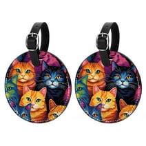 OWNTA Cats Pattern 2Pcs PU Leather Round Bag Tags with Privacy Cover and Name ID Tag for Travel Luggage, Handbags, Backpacks, and School Bags