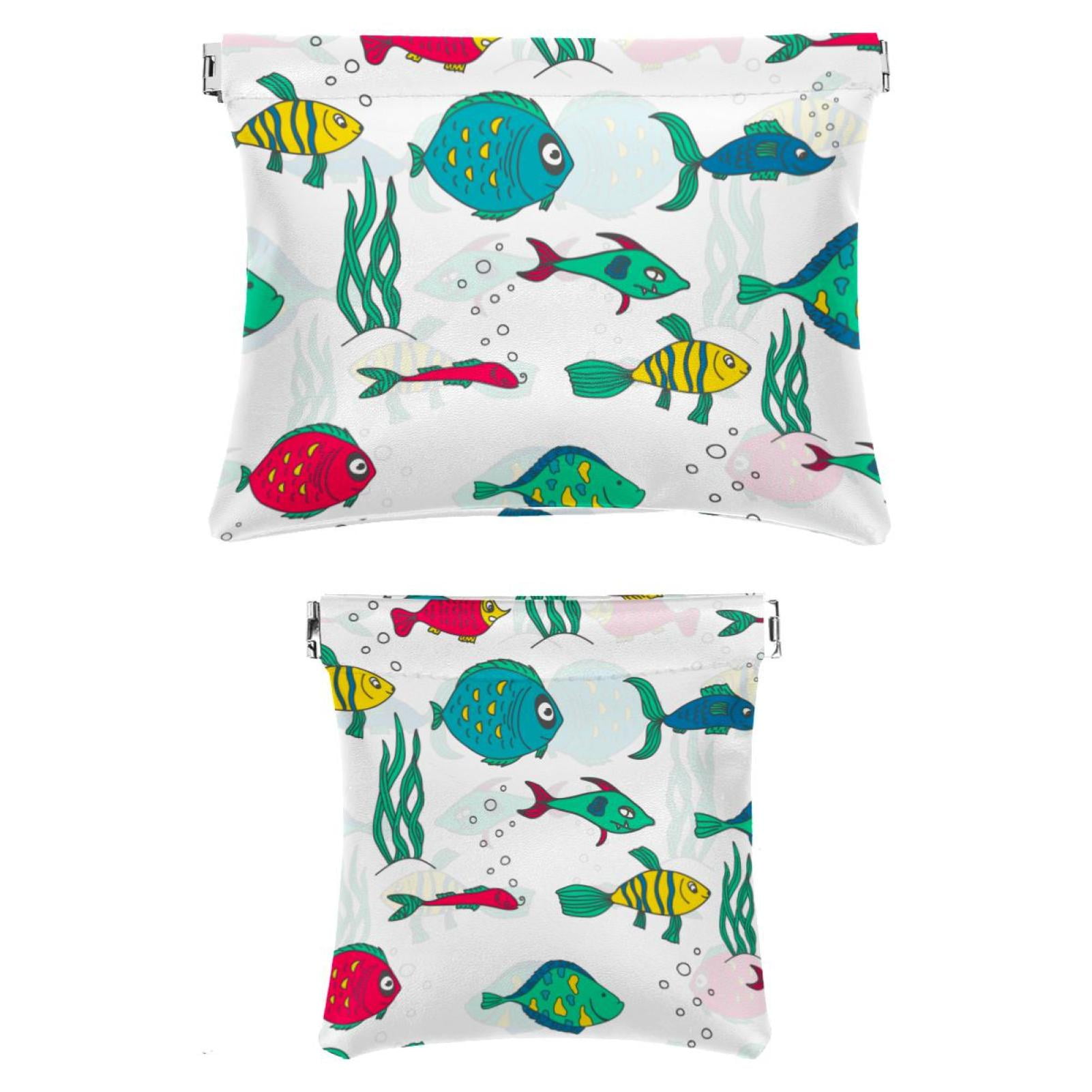 OWNTA Colorful Fishes Pattern Portable 2-Pack PU Leather Makeup Bag Set with Built-in Shrapnel ...