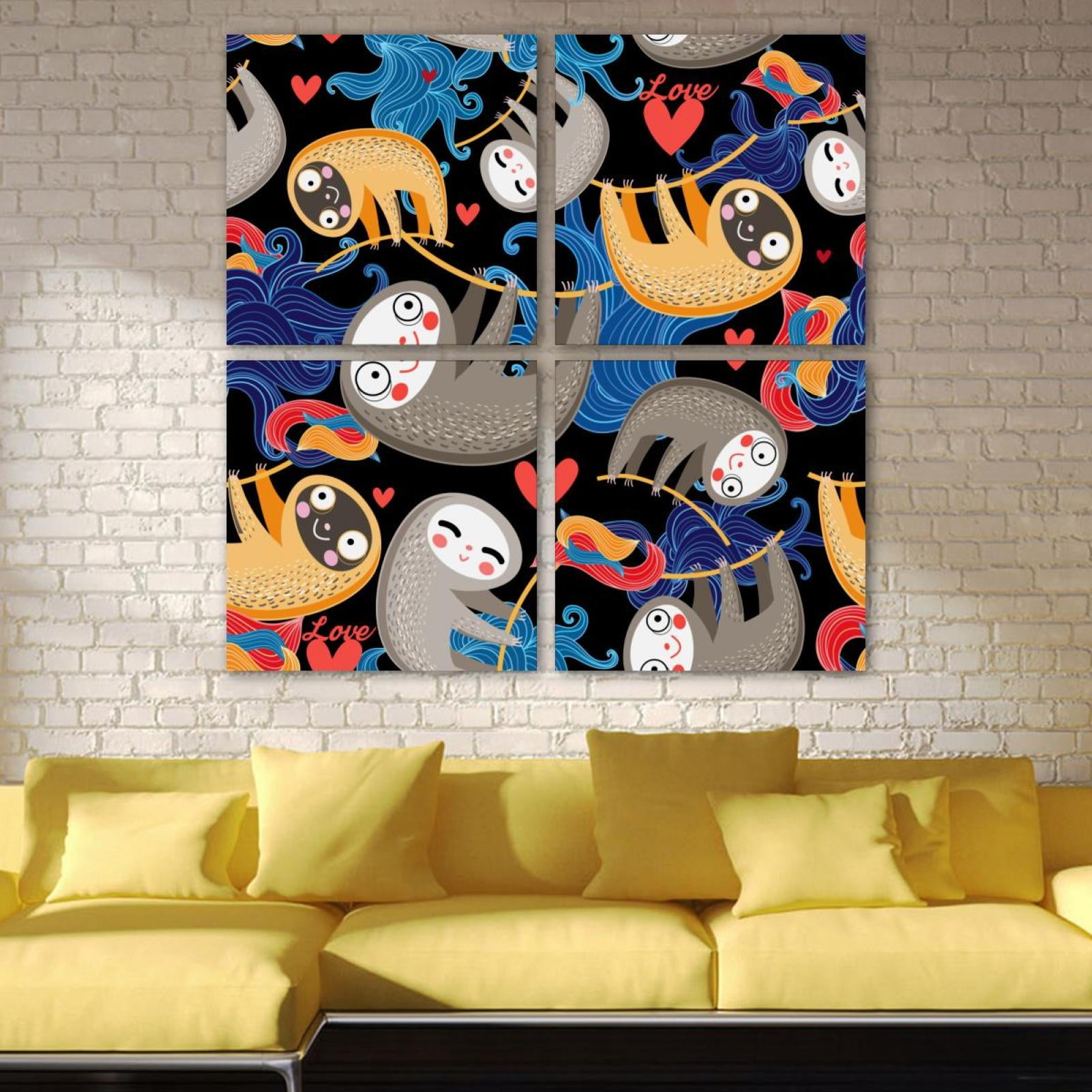 OWNTA Cute Abstract Art Cartoon Sloth Baby Pattern 4PC Frameless Canvas