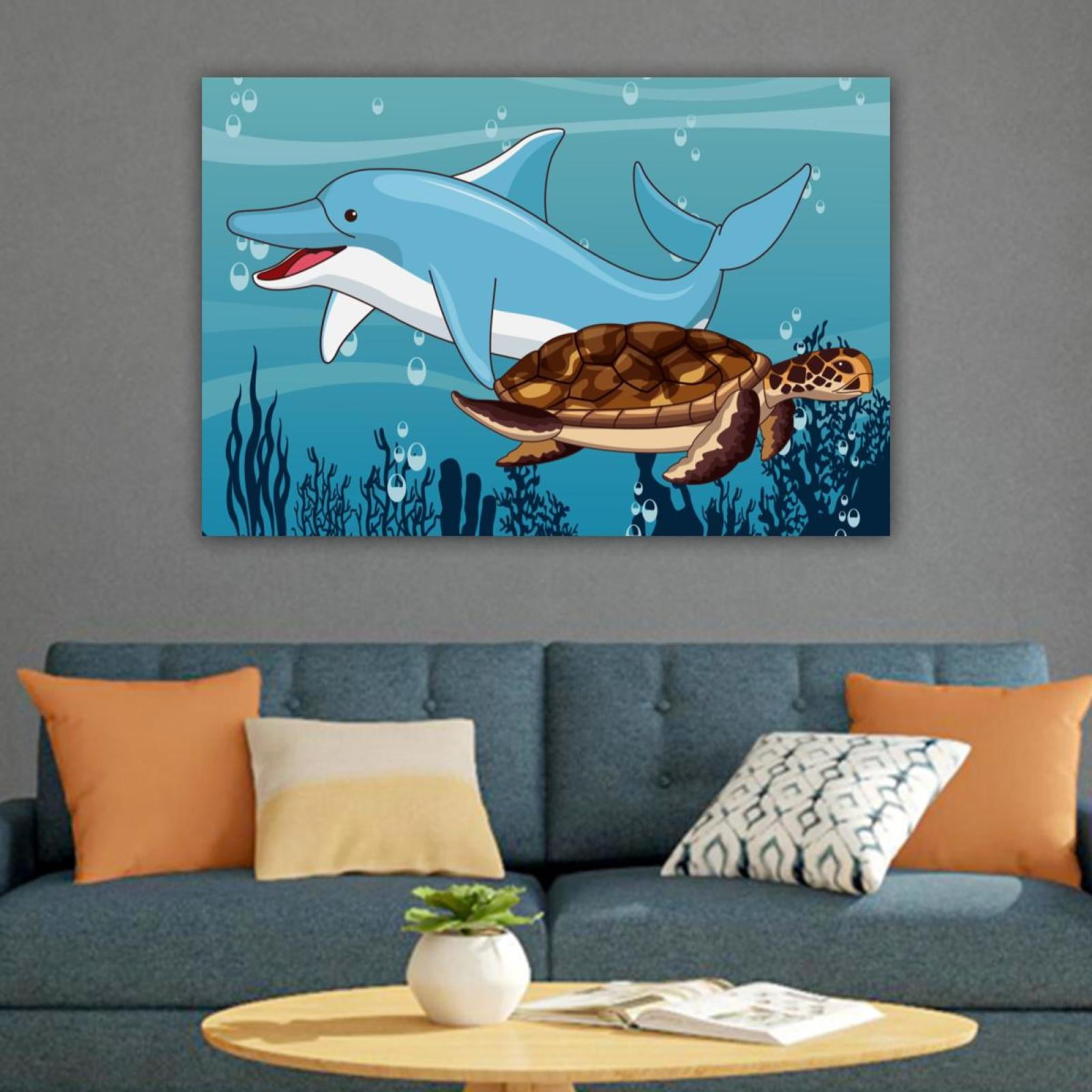 OWNTA Cute Ocean Dolphin with Sea Turtle Together Pattern Canvas Wall ...