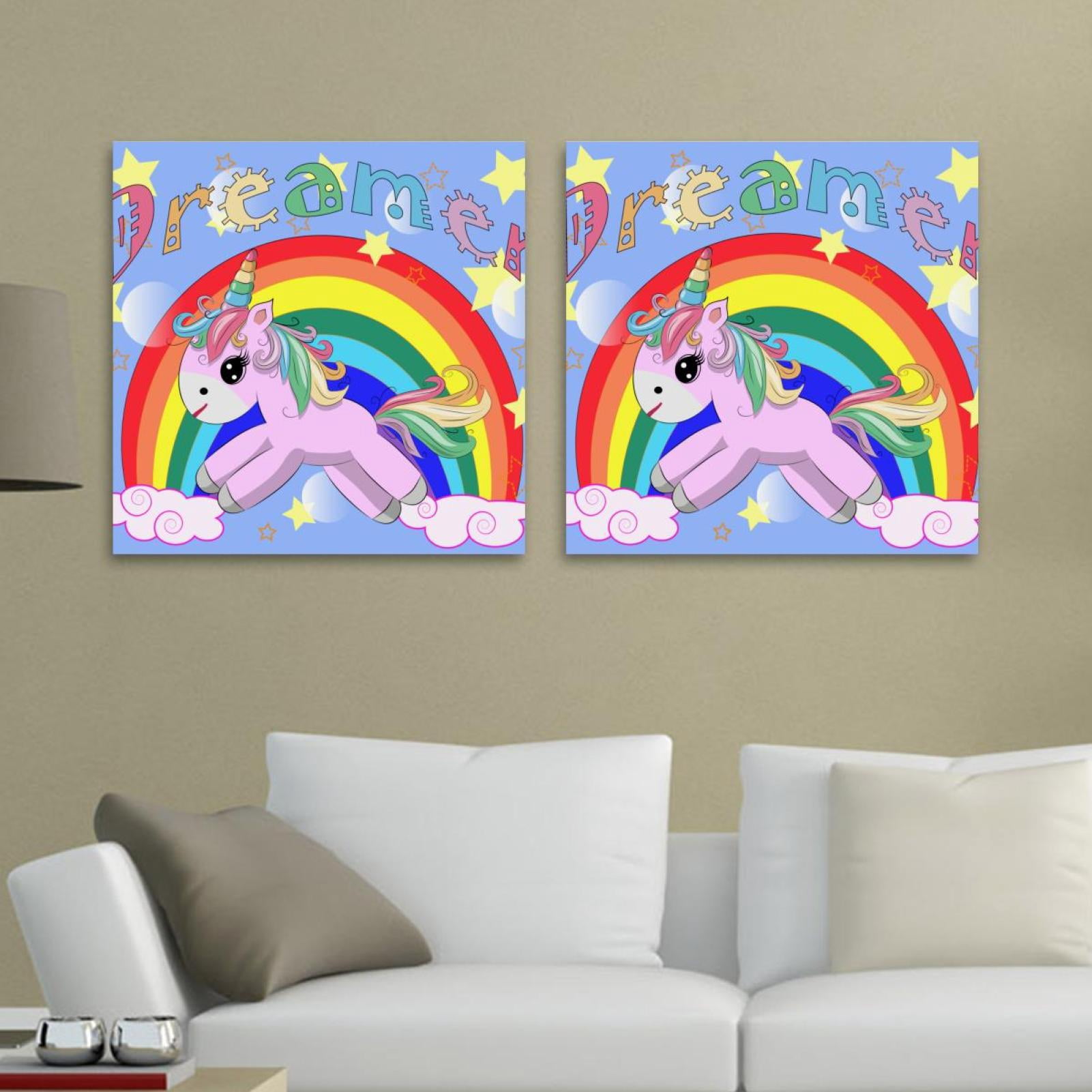 OWNTA Cute Unicorn Dreamer Rainbow Pattern 2PC Canvas Wall Art
