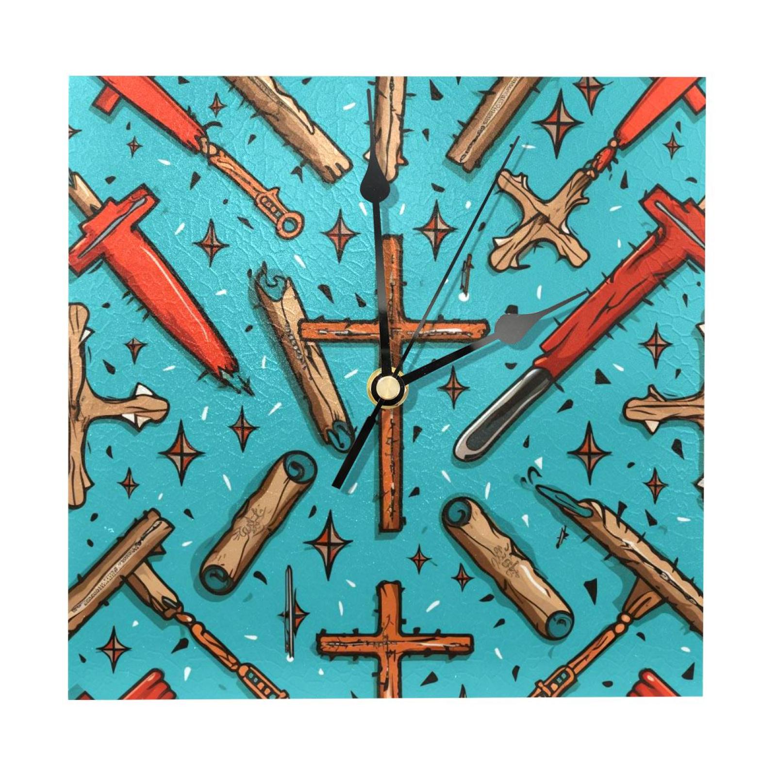 OWNTA Easter Cross Pattern Wood Square Wall Clock, 7.87 in, Silent Non