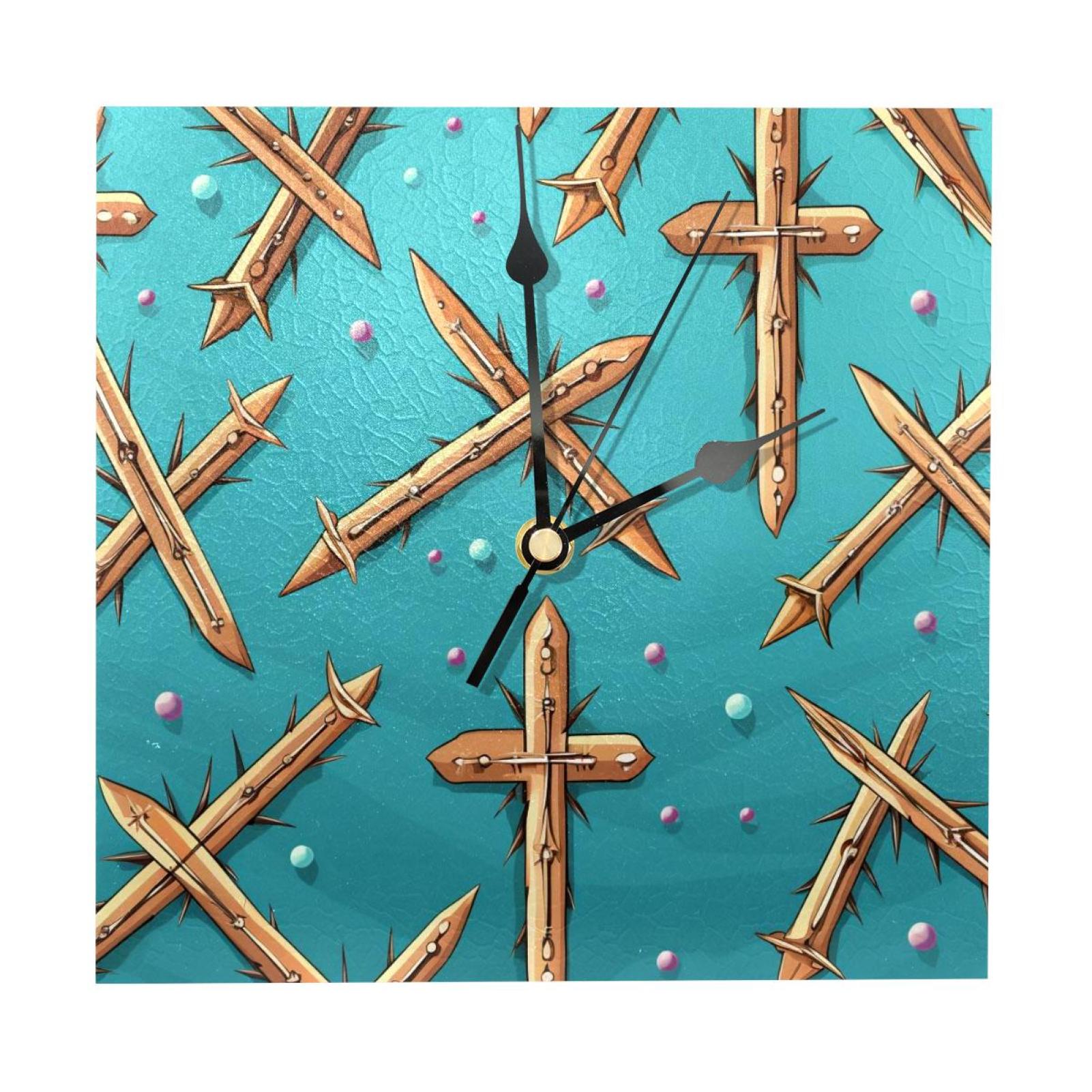 OWNTA Easter Cross Pattern Wood Square Wall Clock, 7.87 in, Silent Non
