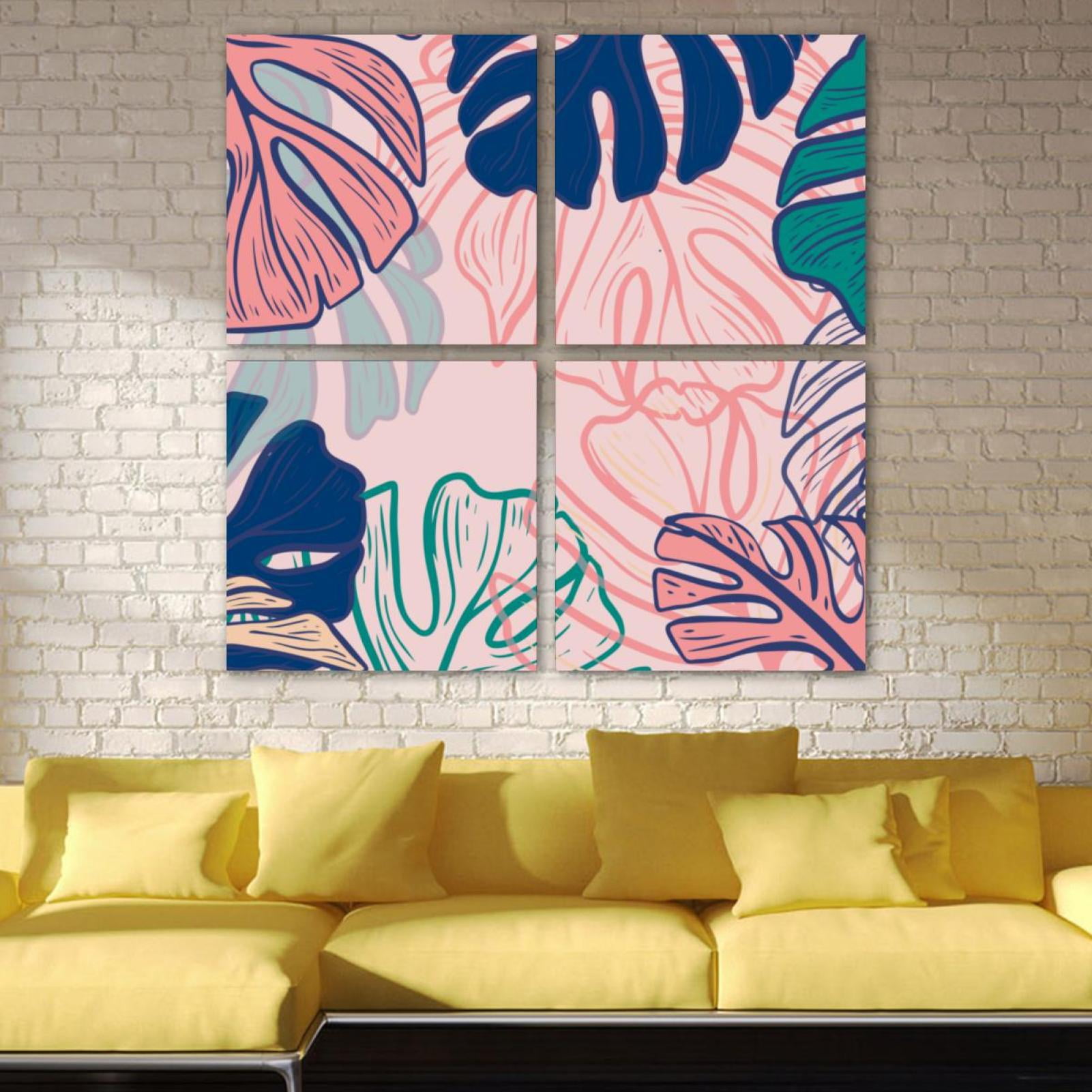 OWNTA Hand Drawn Colorful Monstera Pattern 4PC Frameless Canvas Wall