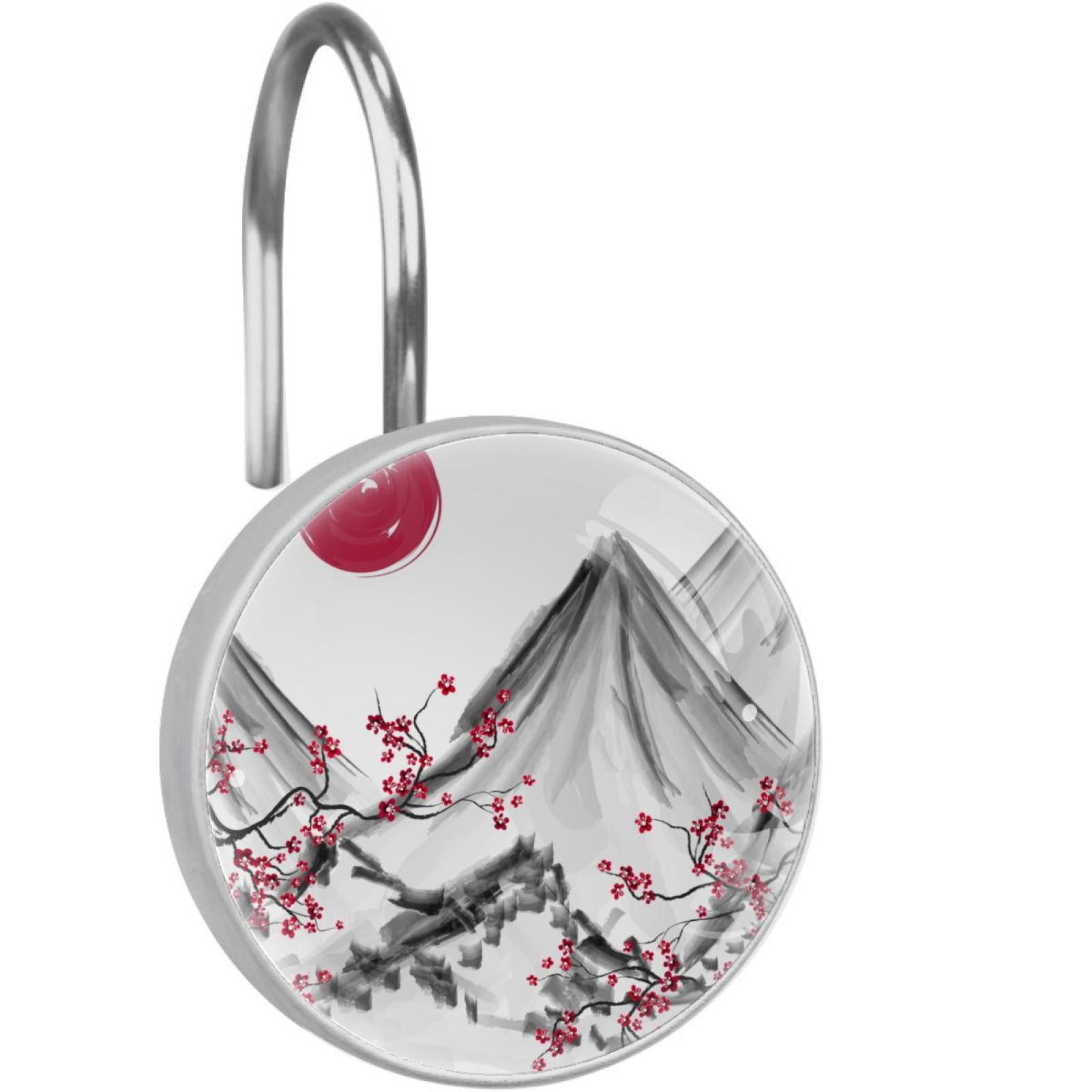 OWNTA Hand Painted Japanese Mountain Sunset Cherry Flower Pattern 12-Pack Round Hooks, Stainless ...