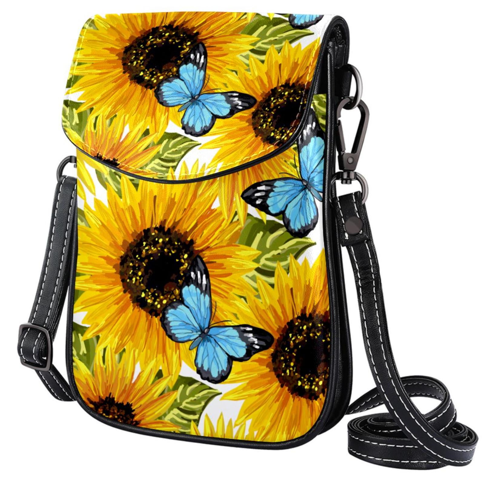 OWNTA Hand Painted Sunflowers Blue Butterfly Pattern Diagonal Leather ...