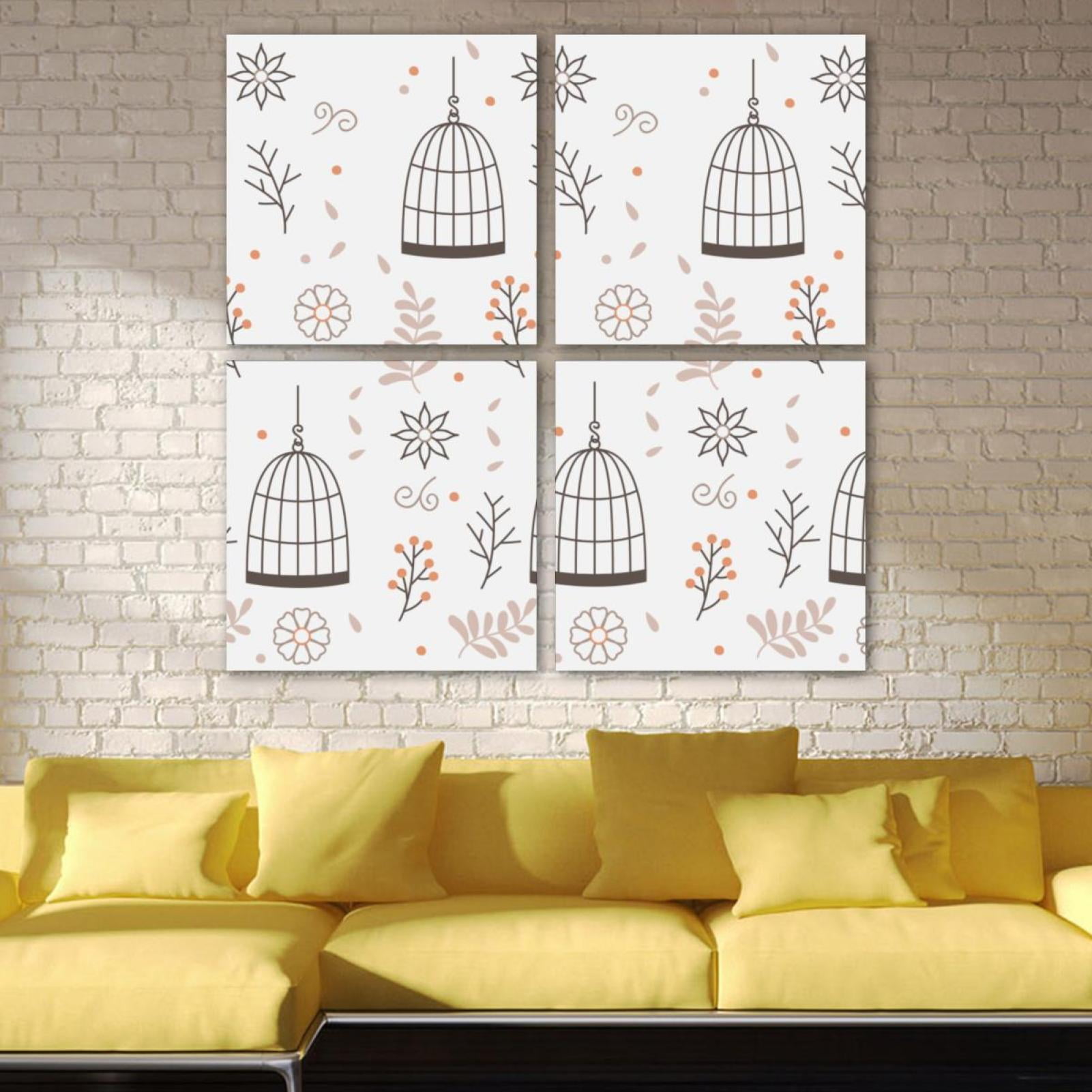 OWNTA Hanging Birdcage with Flowers Pattern 4PC Frameless Canvas Wall