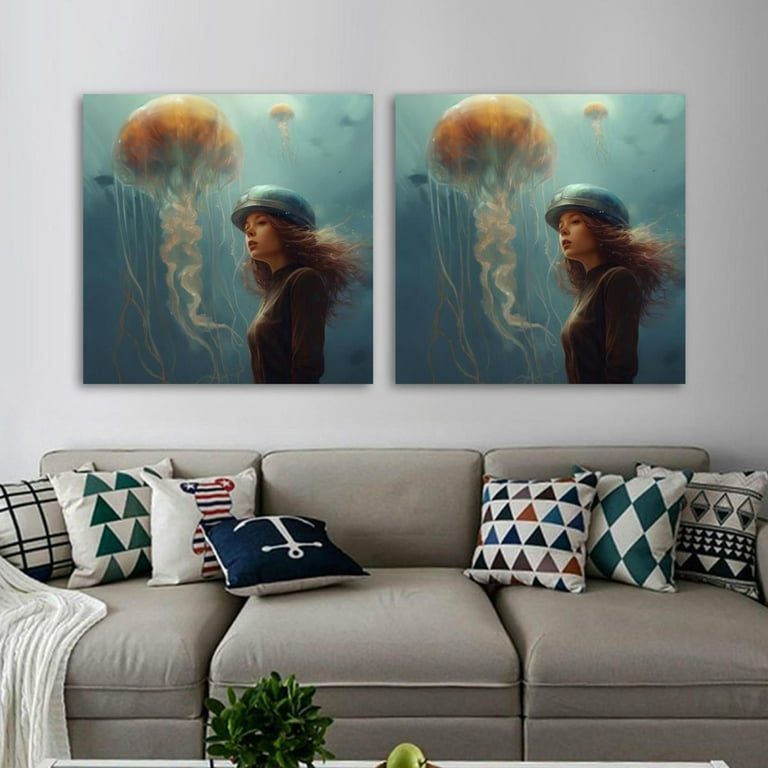 OWNTA Jellyfish Pattern 2PC Canvas Wall Art Paintings for Living Room -  Canvas Framed Print Wall Artworks Bedroom Decoration Office Wall Decor 