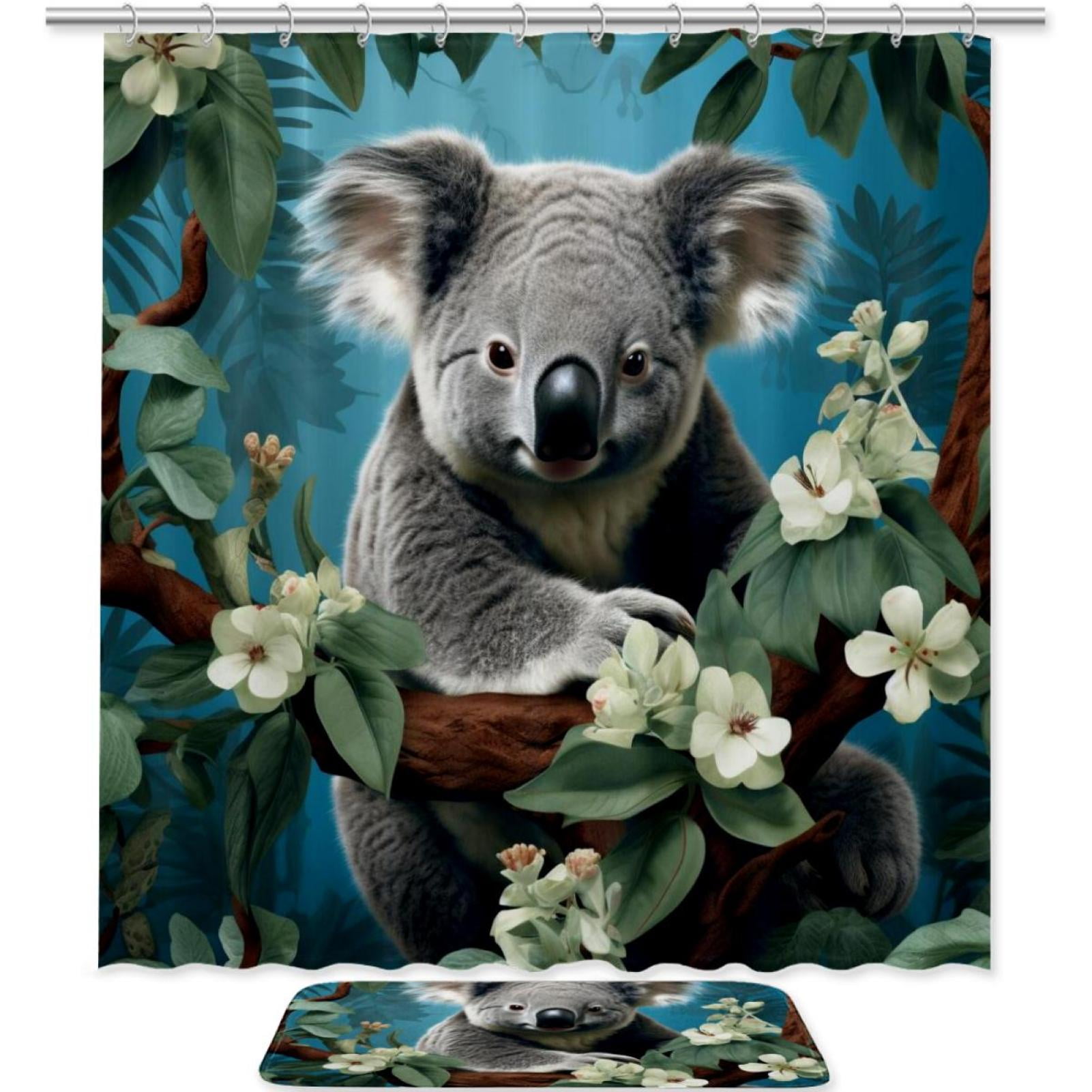 OWNTA Koala Pattern Pongee Shower Curtain Set with Polyester Floor Mat