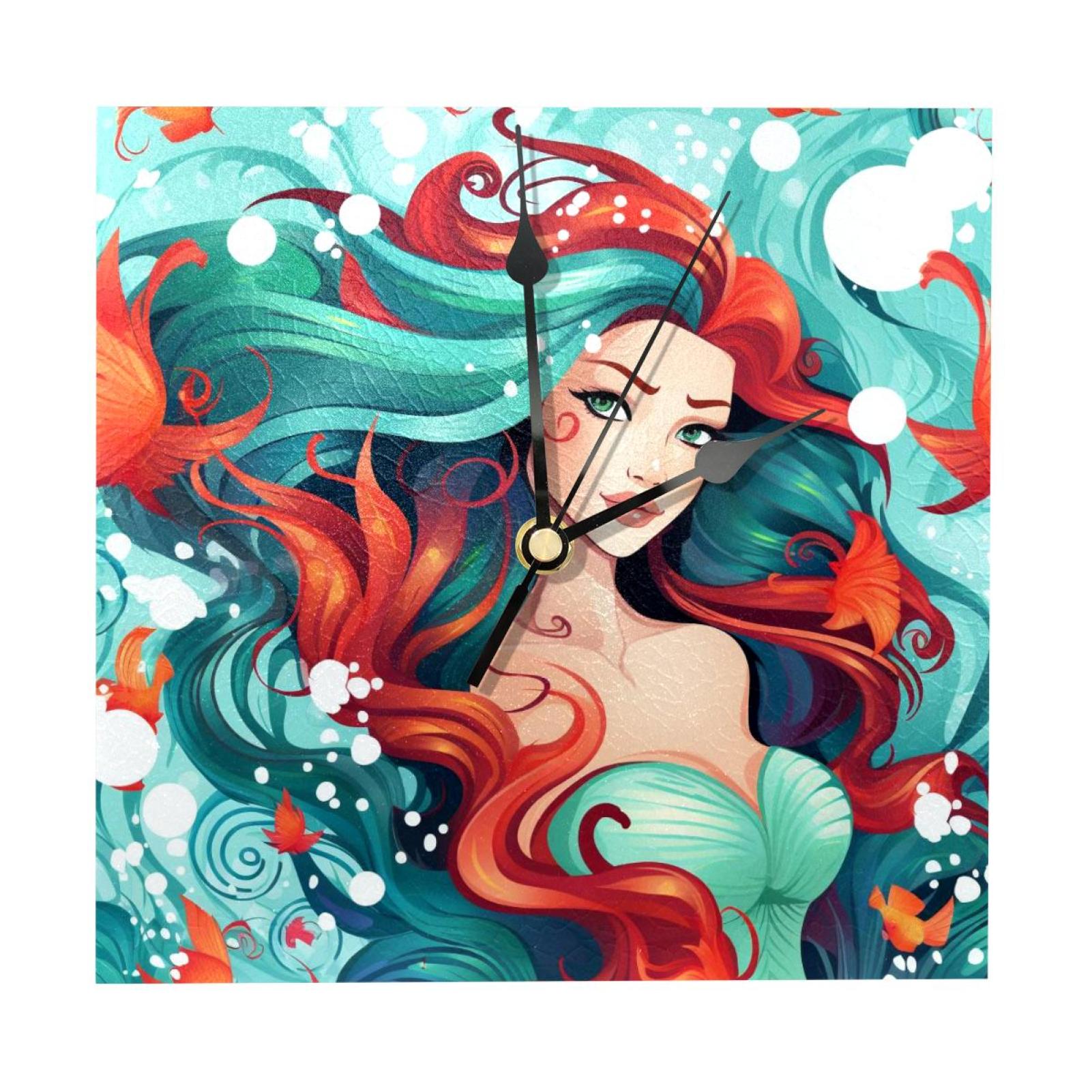 OWNTA Mermaid Pattern Wood Square Wall Clock, 7.87 in, Silent Non