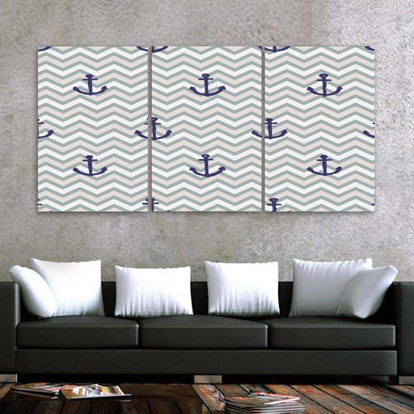 OWNTA Navy Blue Ship Anchor Grey Zigzag Pattern 3PC Frameless Canvas