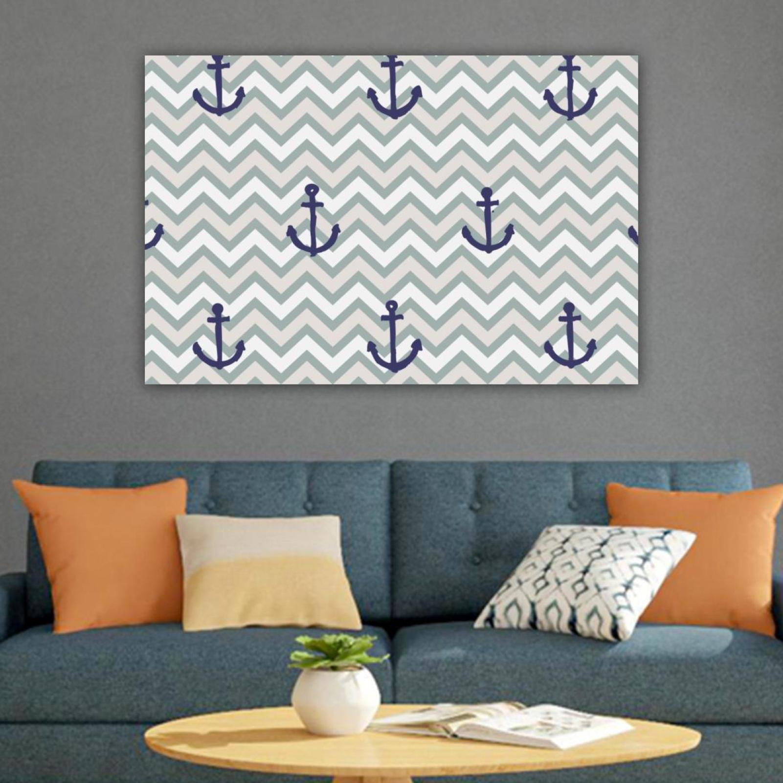 OWNTA Navy Blue Ship Anchor Grey Zigzag Pattern Canvas Wall Art