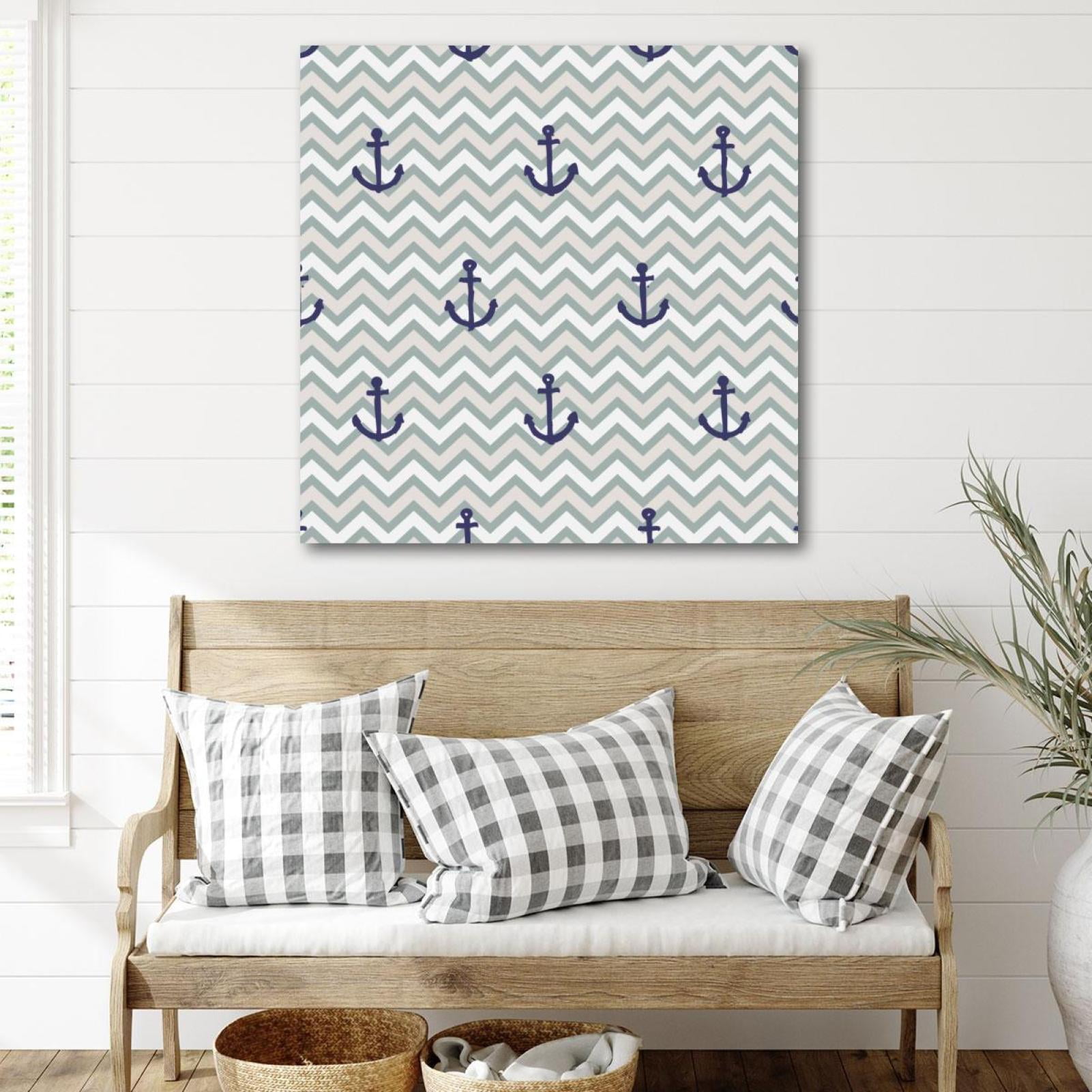 OWNTA Navy Blue Ship Anchor Grey Zigzag Pattern Canvas Wall Art