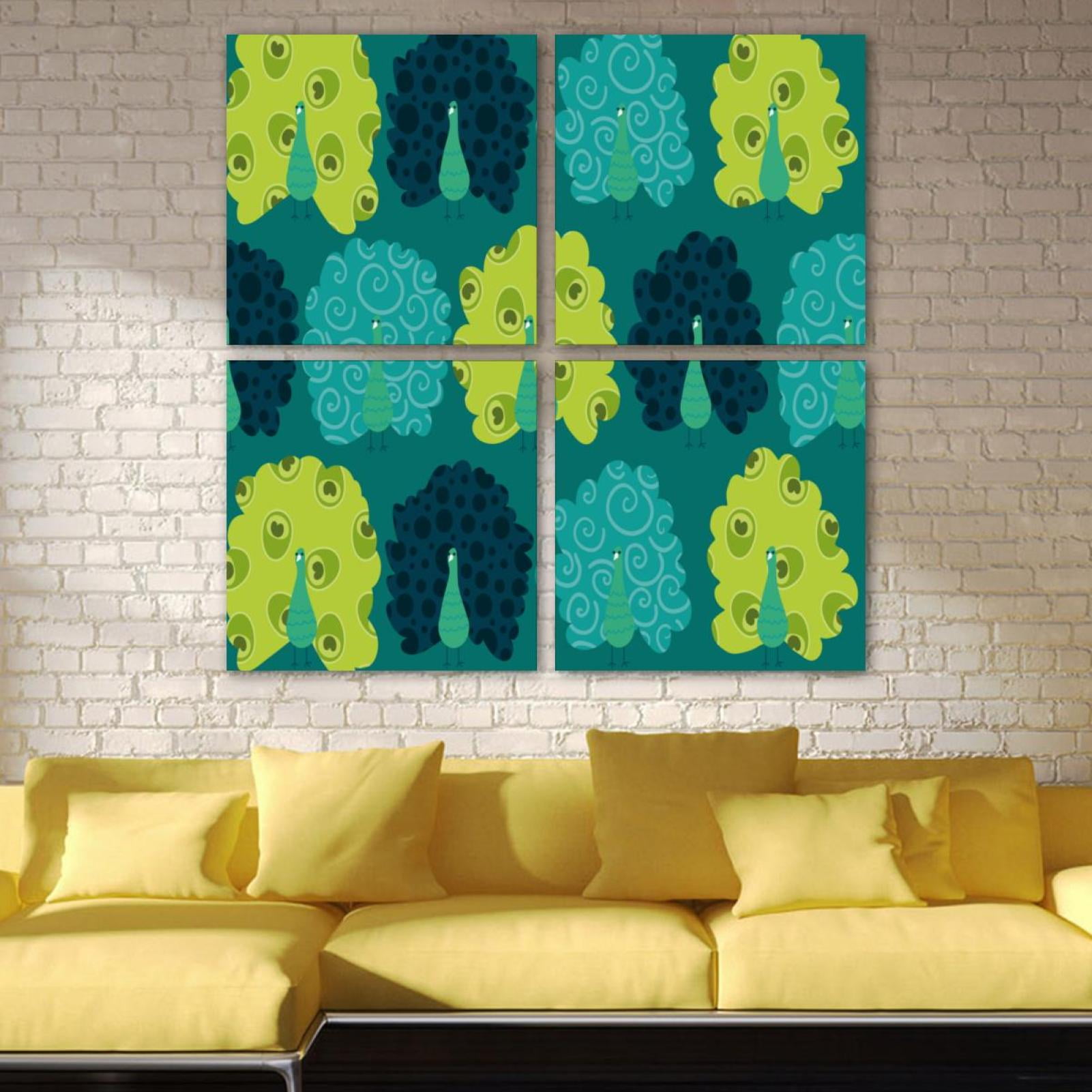 OWNTA Peacock Pattern Green Blue Pattern 4PC Frameless Canvas Wall Art