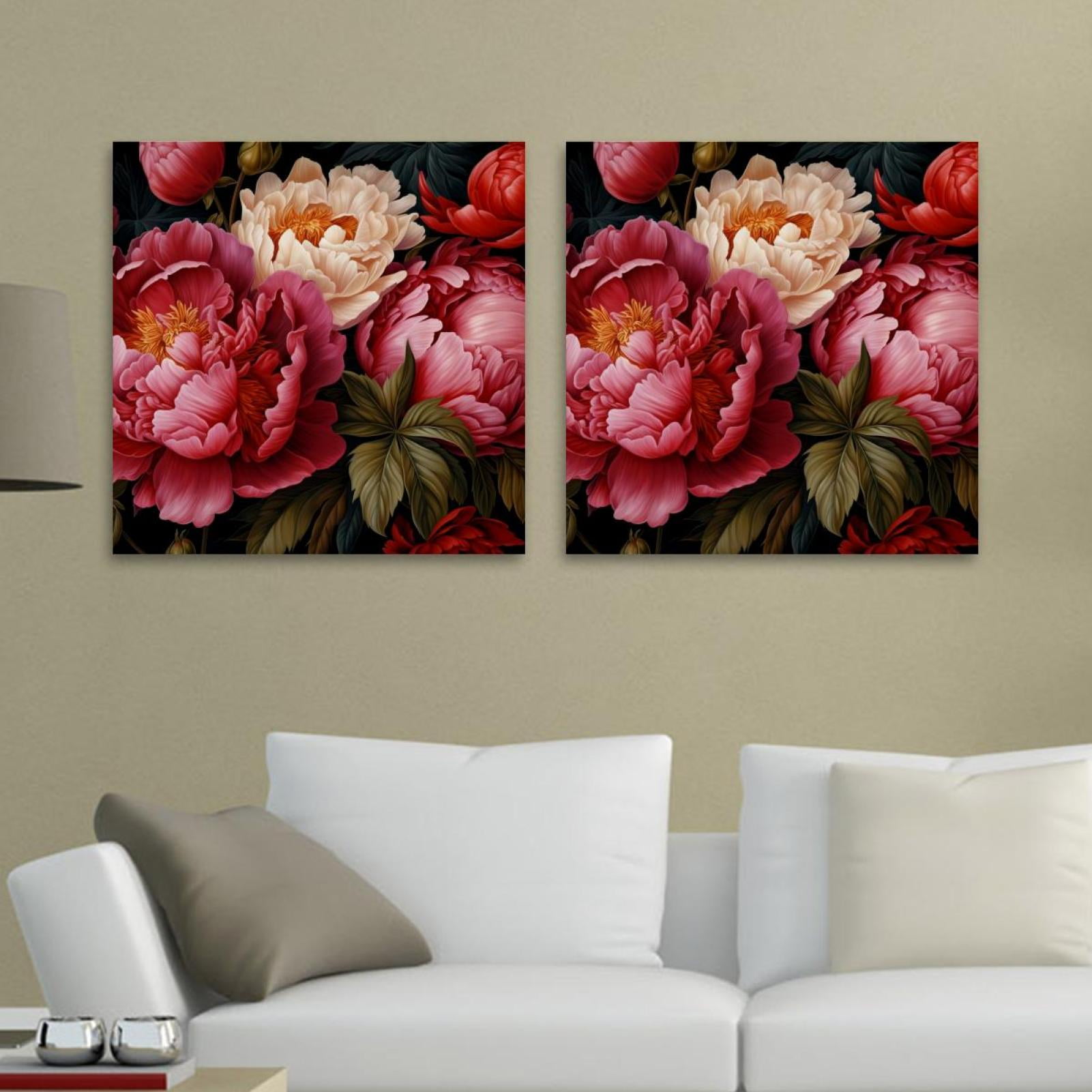 OWNTA Peony Flower Pattern 2PC Canvas Wall Art Paintings for Living Room Canvas Frameless Print
