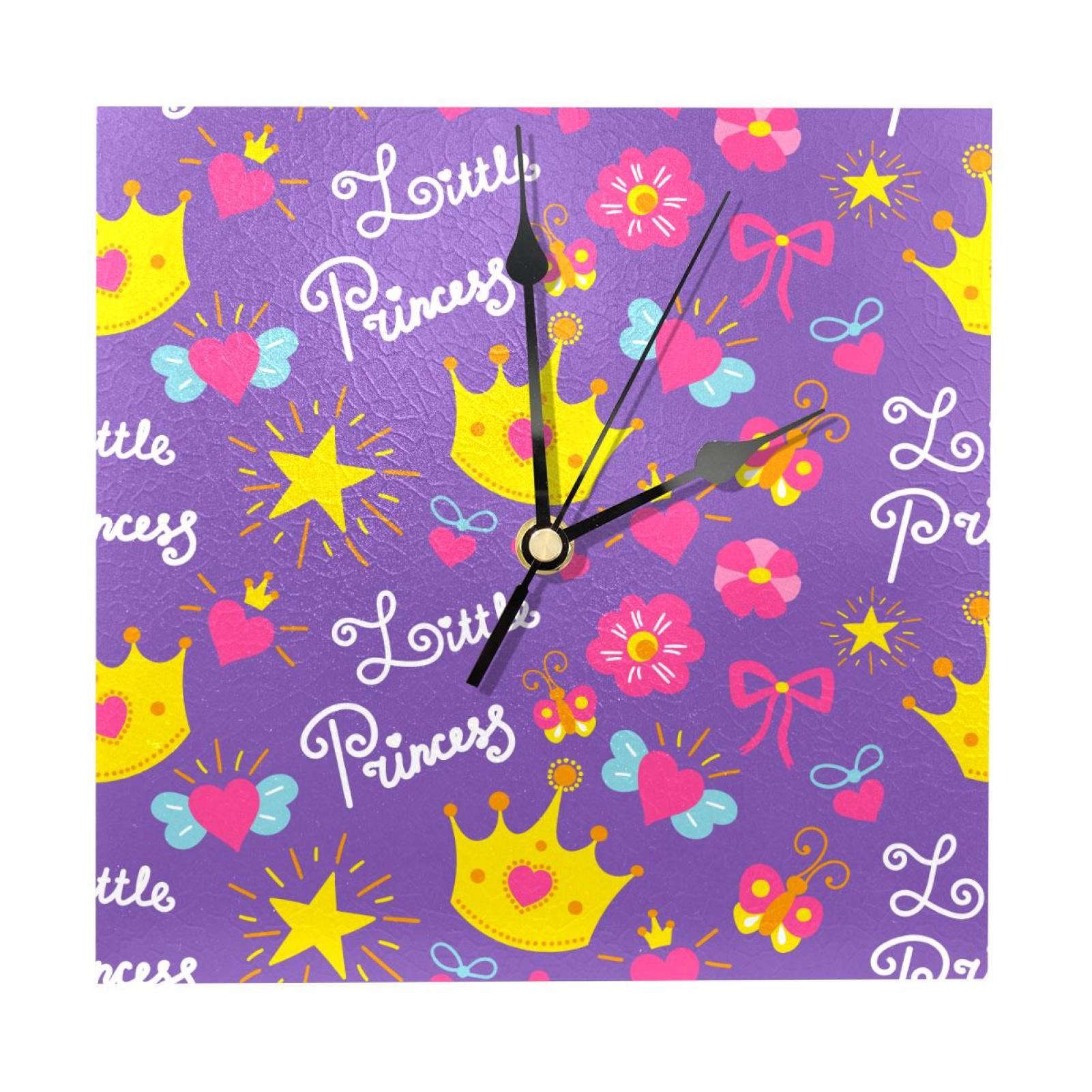OWNTA Princess Crown Floral Pattern Wood Square Wall Clock, 7.87 in