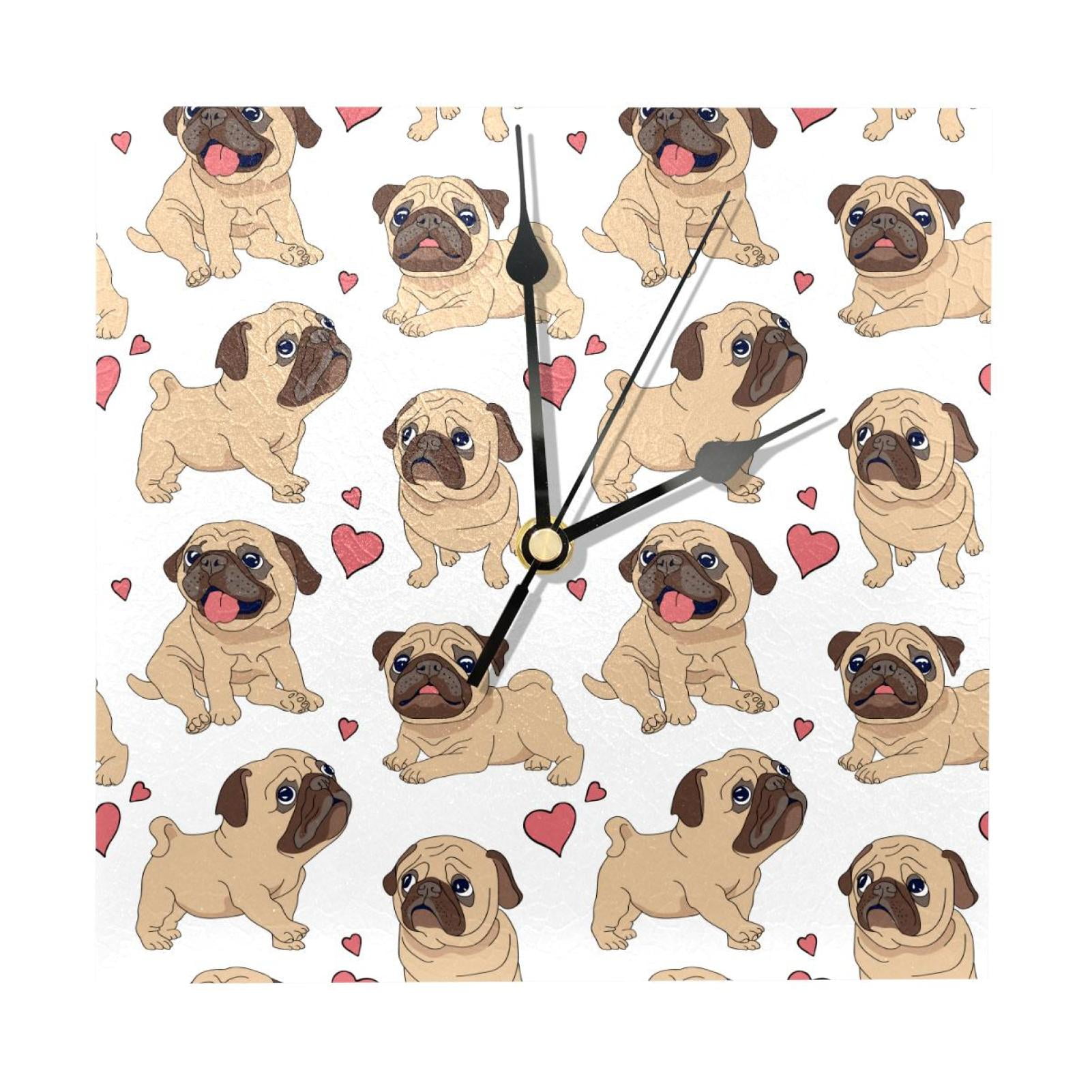 OWNTA Pugs Puppies Dog Pattern Wood Square Wall Clock, 7.87 in, Silent