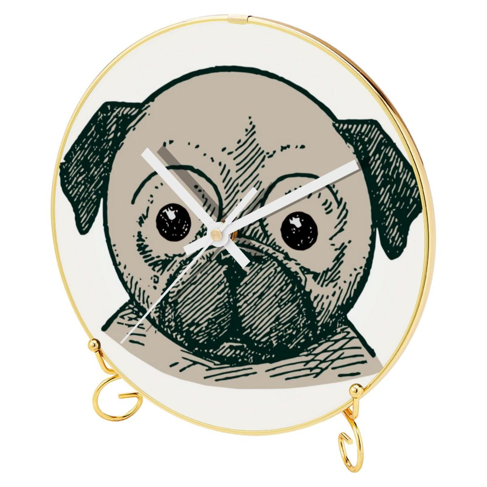 OWNTA Puppy Pug Pattern Round Printed Wall Clocks with Hooks and Gold