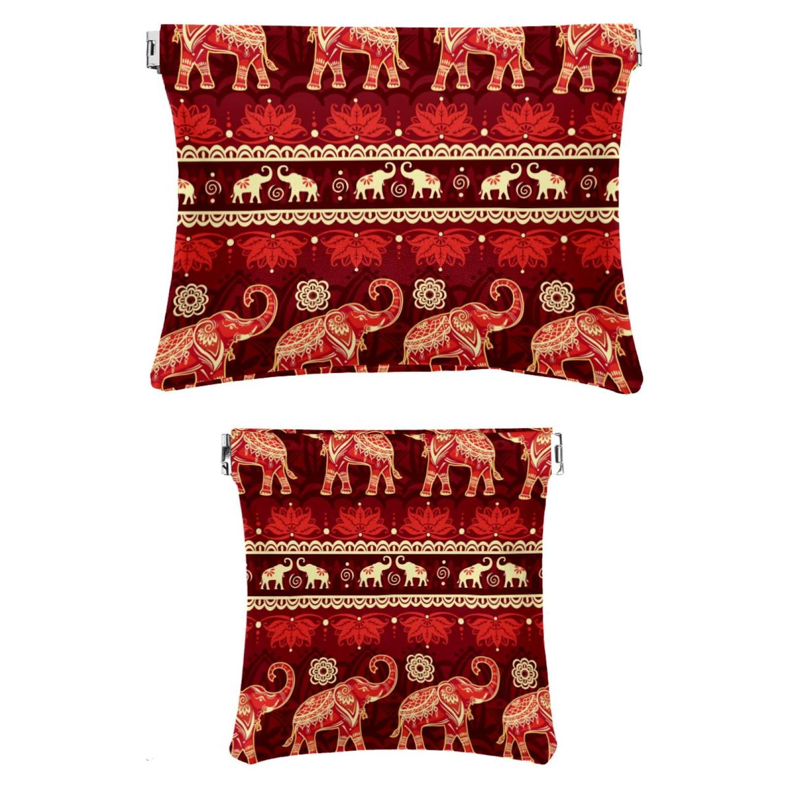OWNTA Red Boho African Elephant Pattern Portable 2-Pack PU Leather Makeup Bag Set with Built-in ...