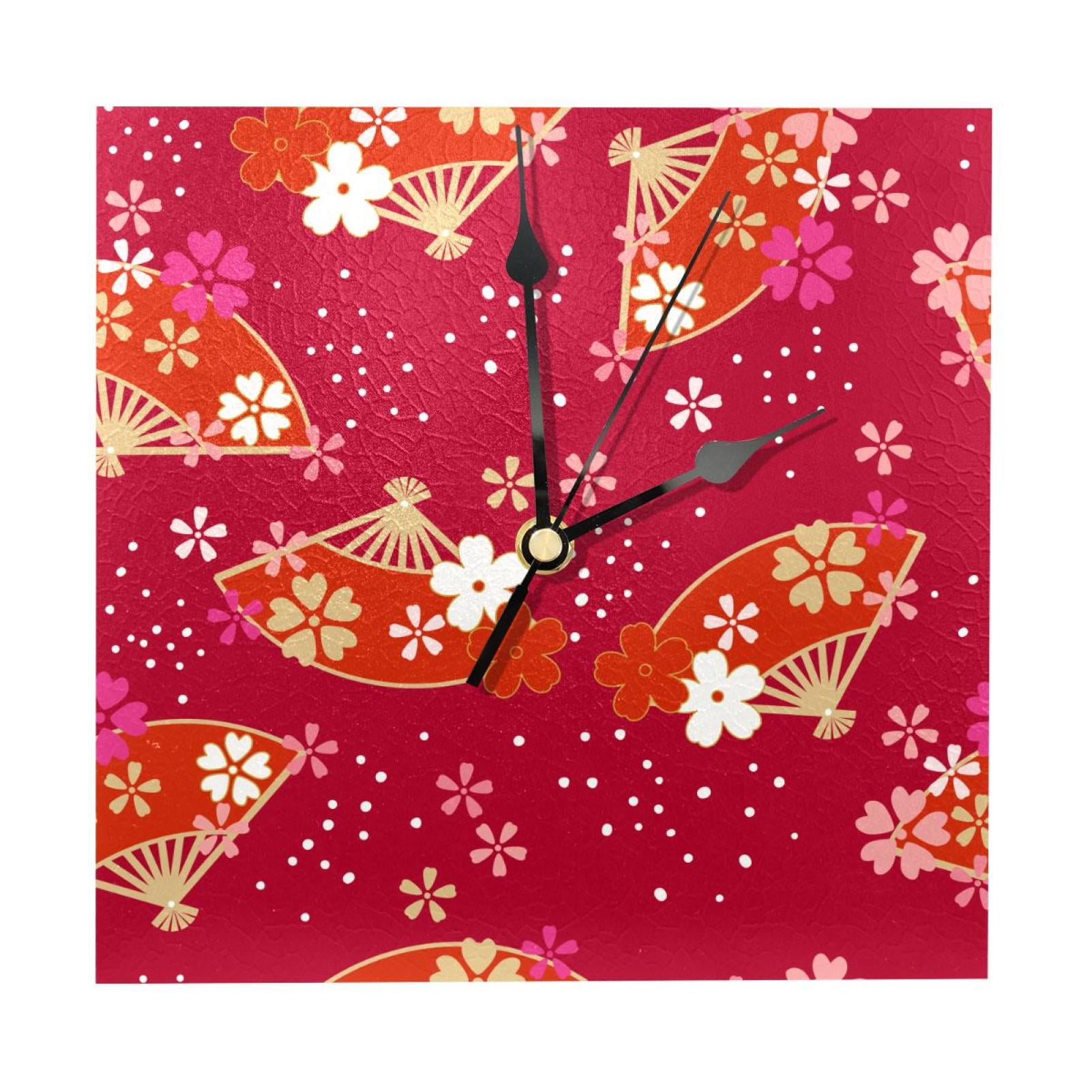 OWNTA Red Japanese Fan Cherry Blossom Pattern Wood Square Wall Clock, 7 ...