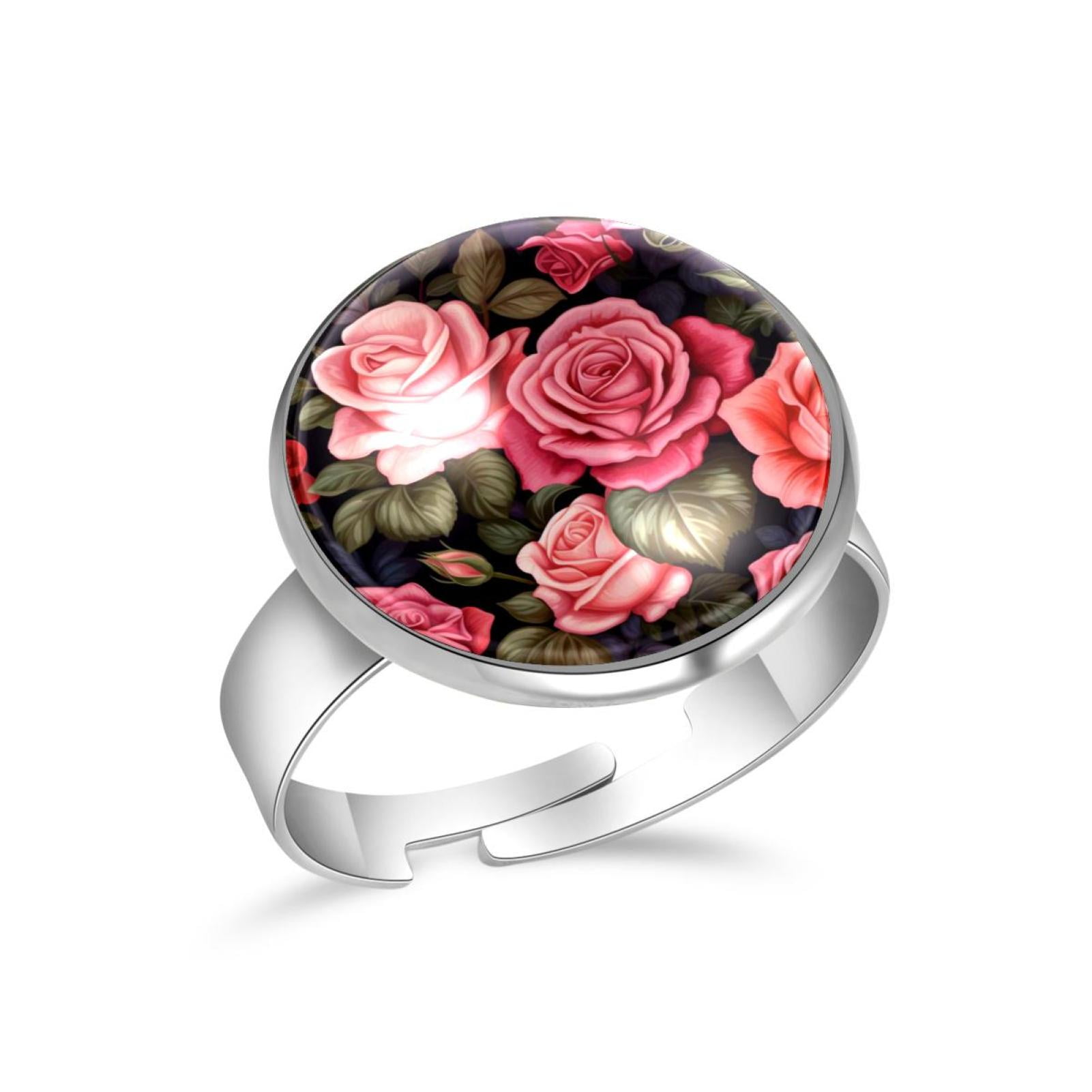 OWNTA Roses Flower Pattern Stainless Steel Adjustable Statement Ring