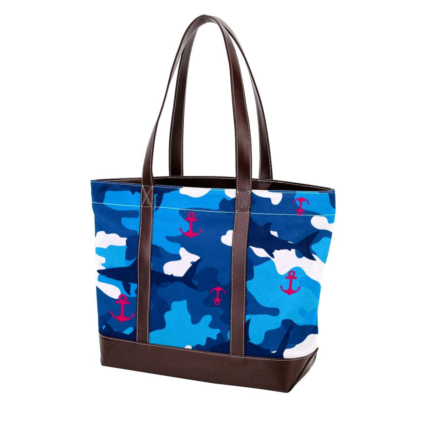 OWNTA Rosy Anchor Navy Shark Blue Camo Pattern Canvas Leather Mix Tote ...