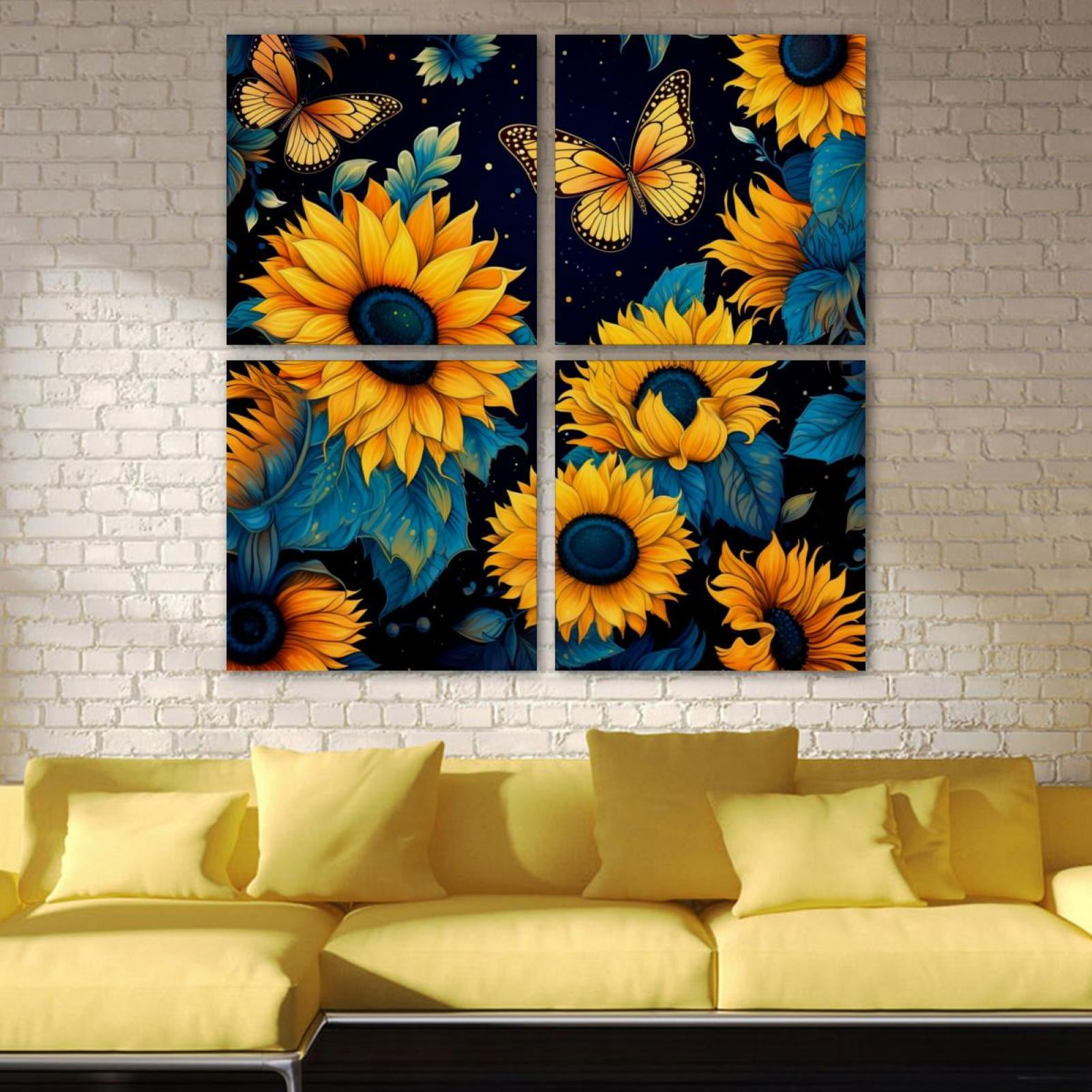 Ownta Starry Sky Sunflower Butterfly Pattern 4pc Frameless Canvas Wall