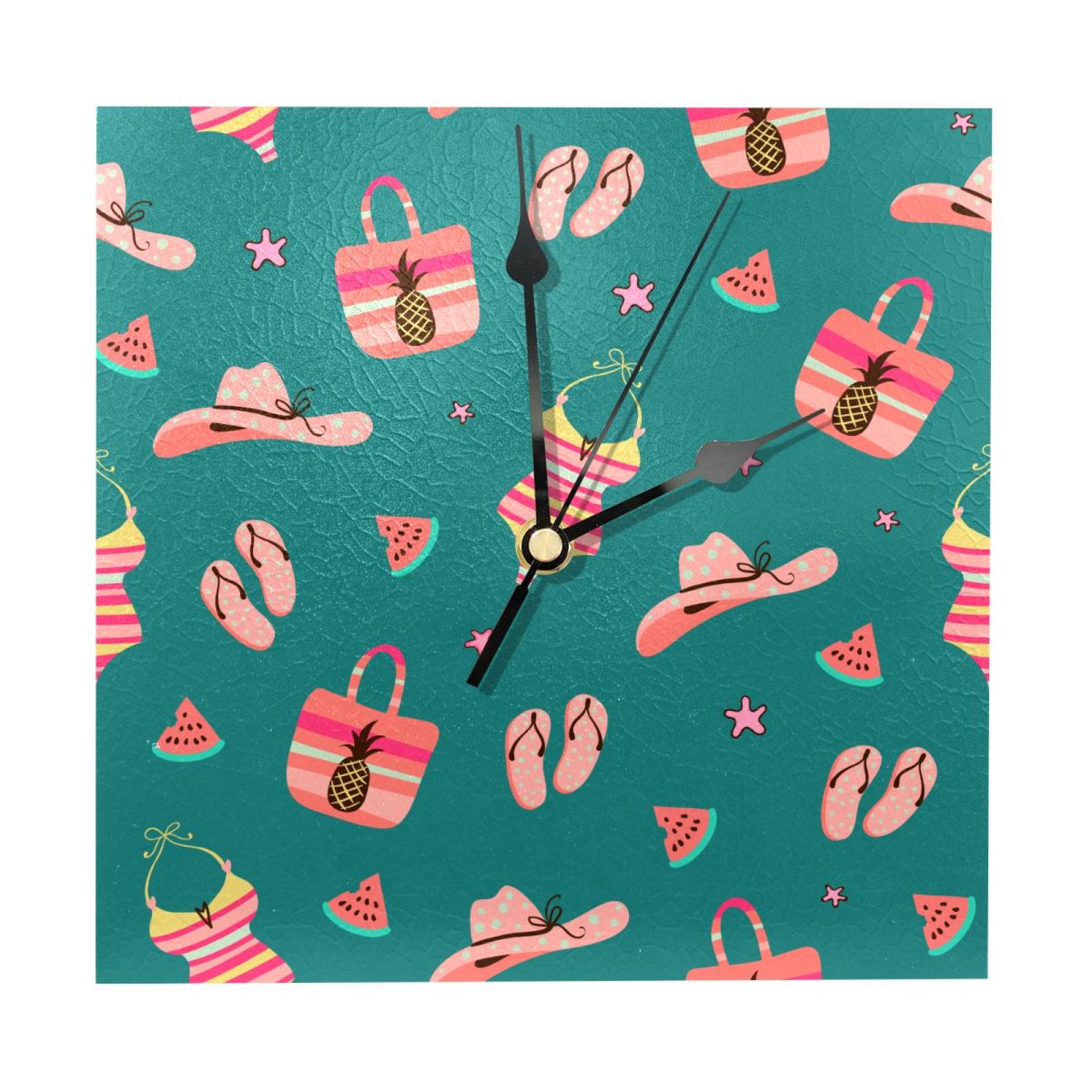 OWNTA Summer Beach Pattern Wood Square Wall Clock, 7.87 in, Silent Non