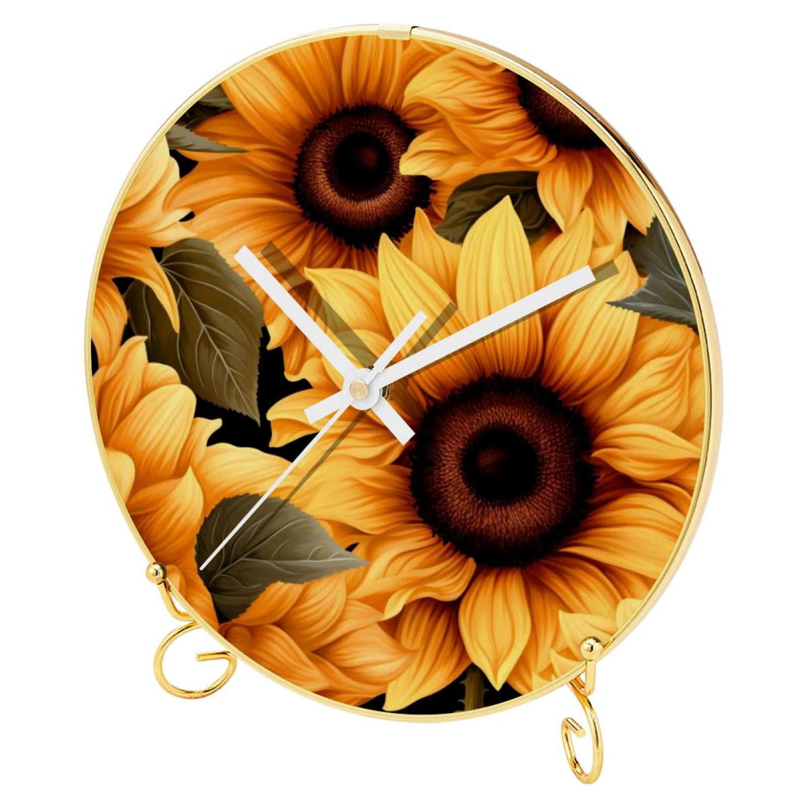 OWNTA Sunflowers Pattern Round Printed Wall Clocks with Hooks and Gold
