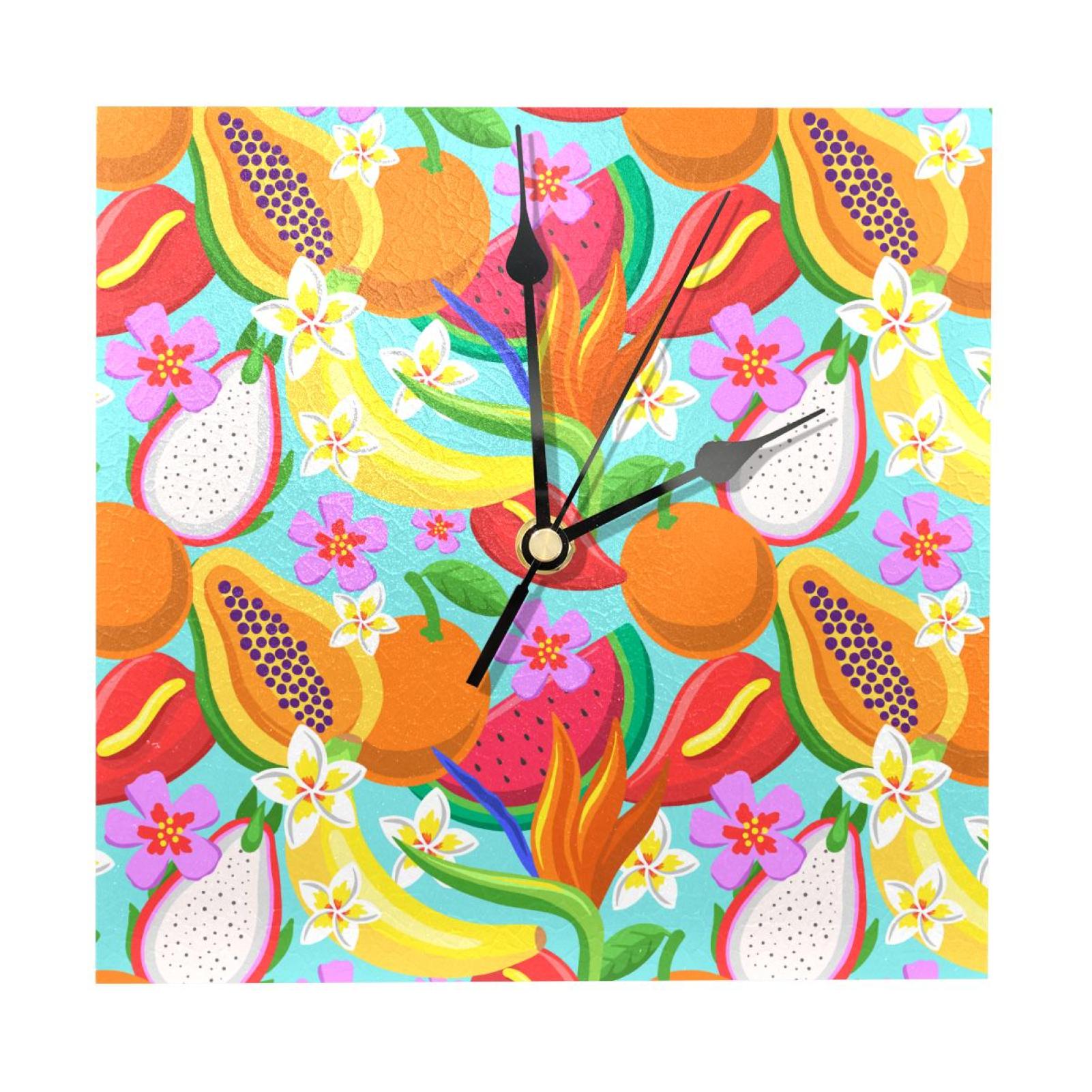 OWNTA Tropical Fruit Pattern Wood Square Wall Clock, 7.87 in, Silent