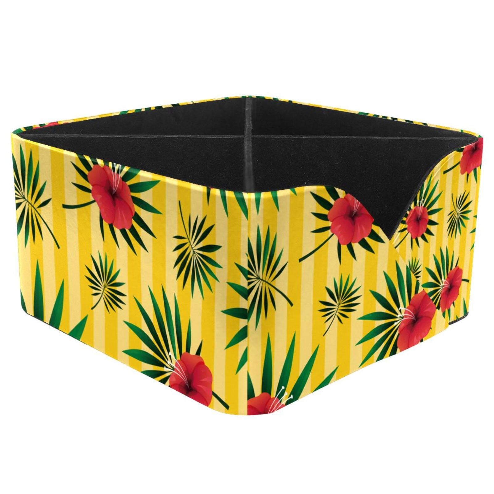 Ownta Tropical Leaf Floral Yellow Striped Pattern Square Pencil Storage