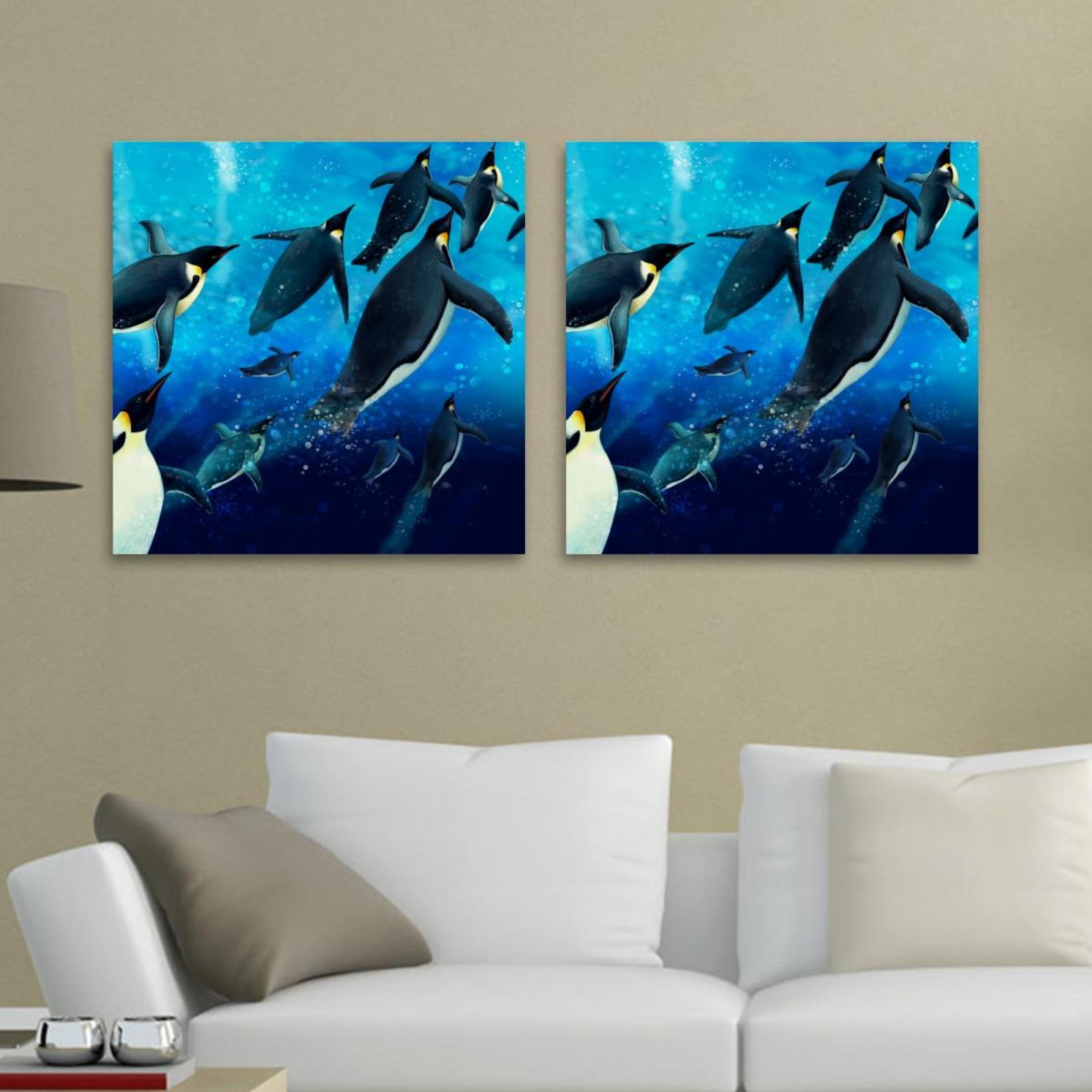 OWNTA Underwater Cute Penguins Swimming Pattern 2PC Canvas Wall Art
