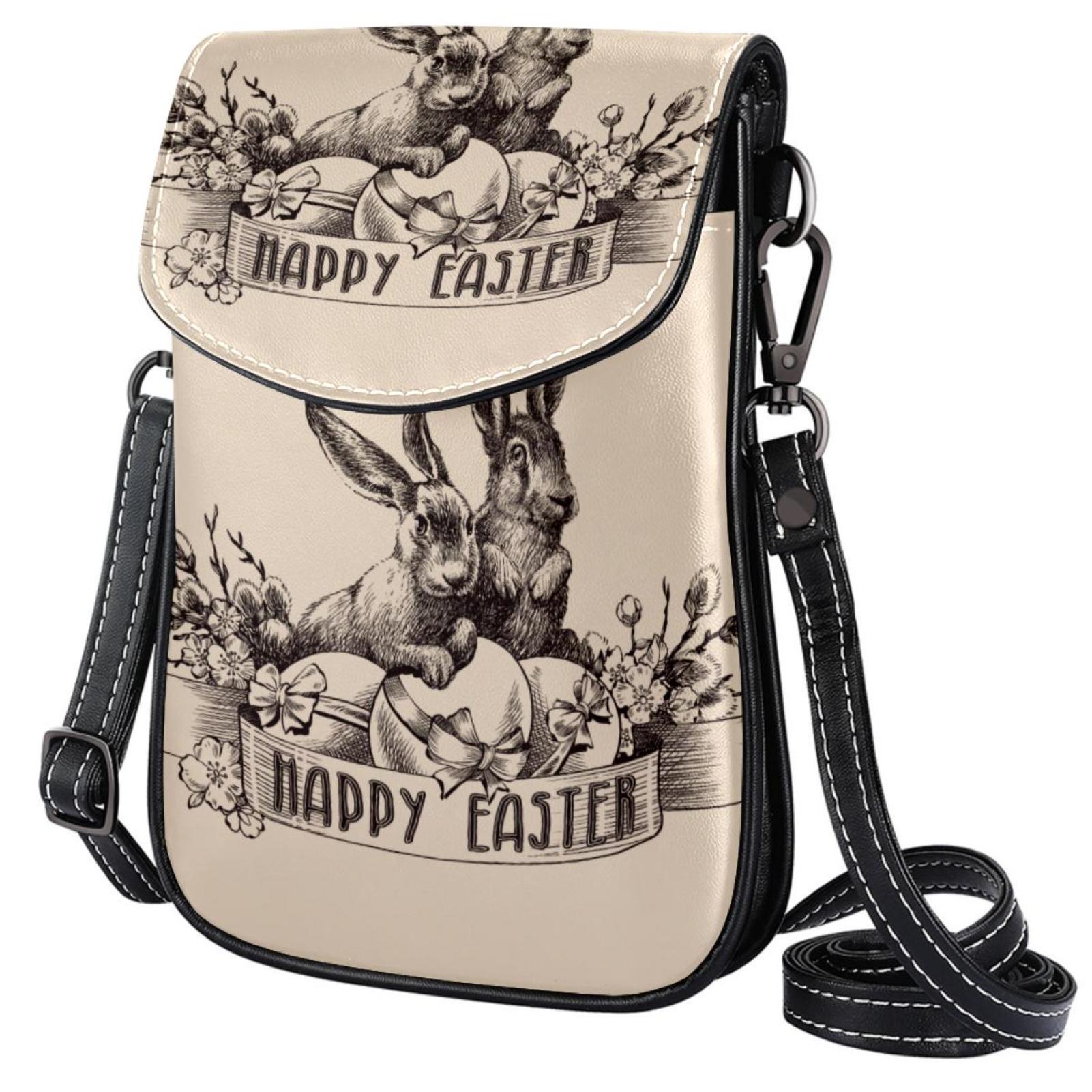 OWNTA Vintage Happy Easter Rabbits Bunny Pattern Diagonal Leather Phone